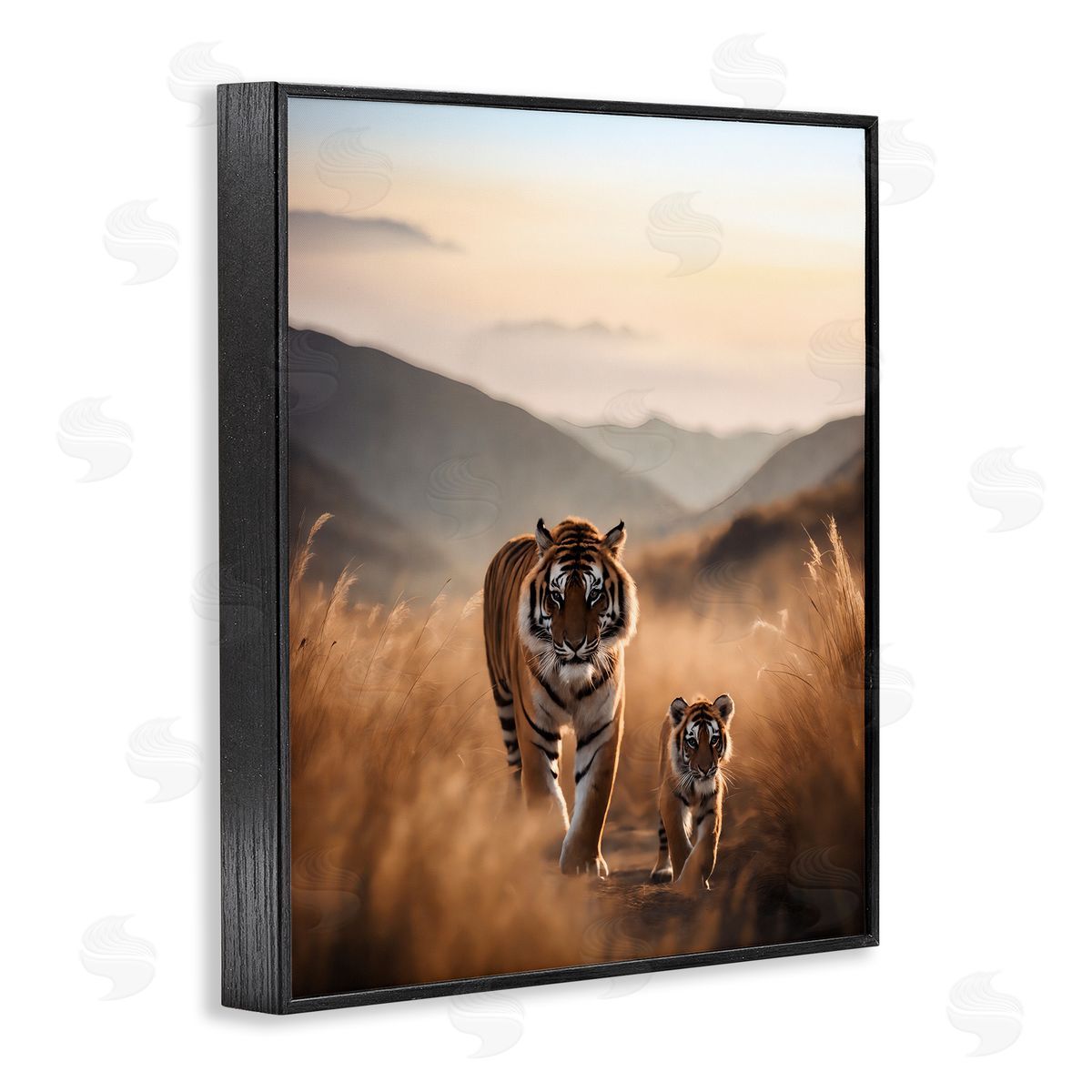 Tiger & Cub on Savanna Black Frame Print Wall Art, Home Decor by Noah Bay