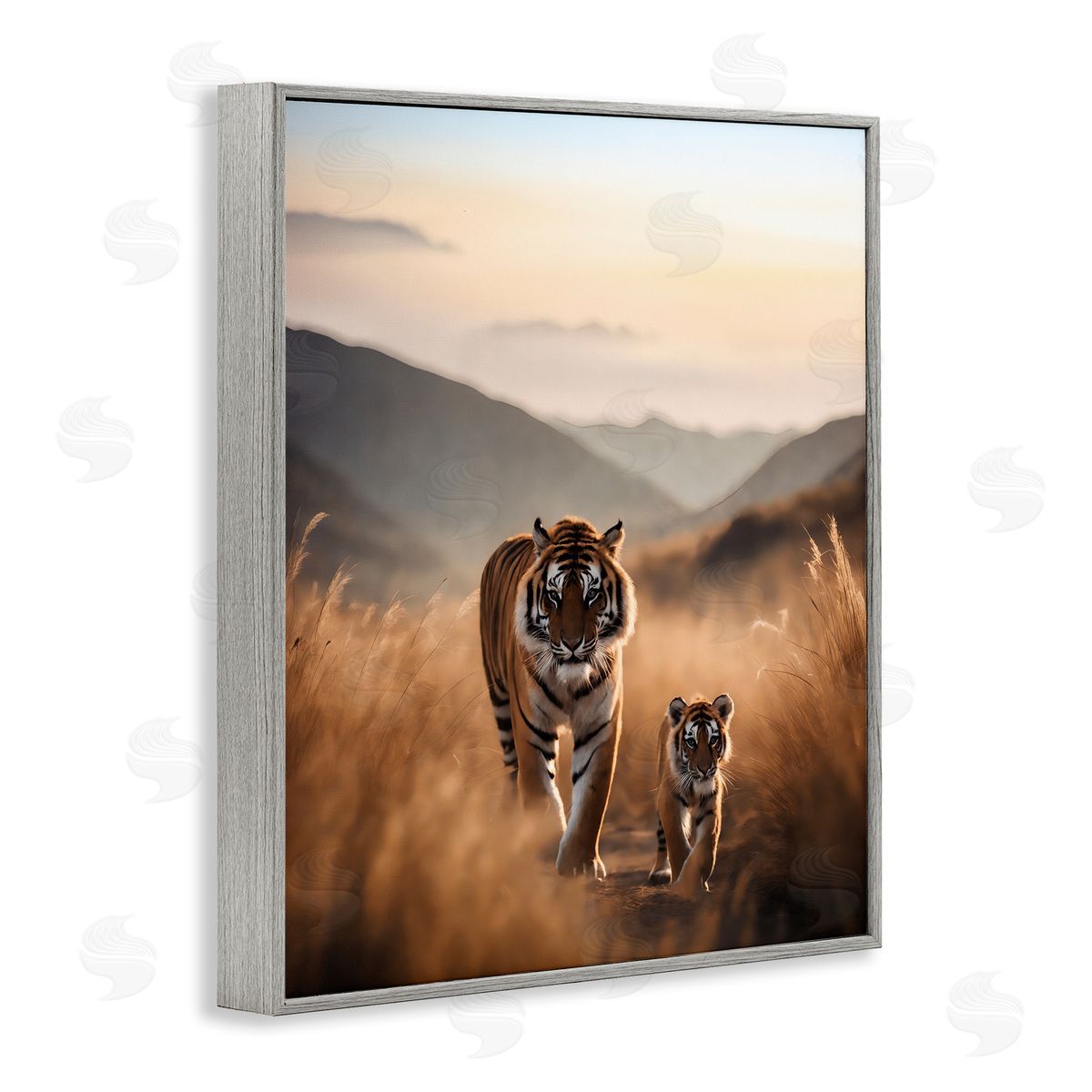 Tiger & Cub on Savanna Grey Frame Print Wall Art, Home Decor by Noah Bay