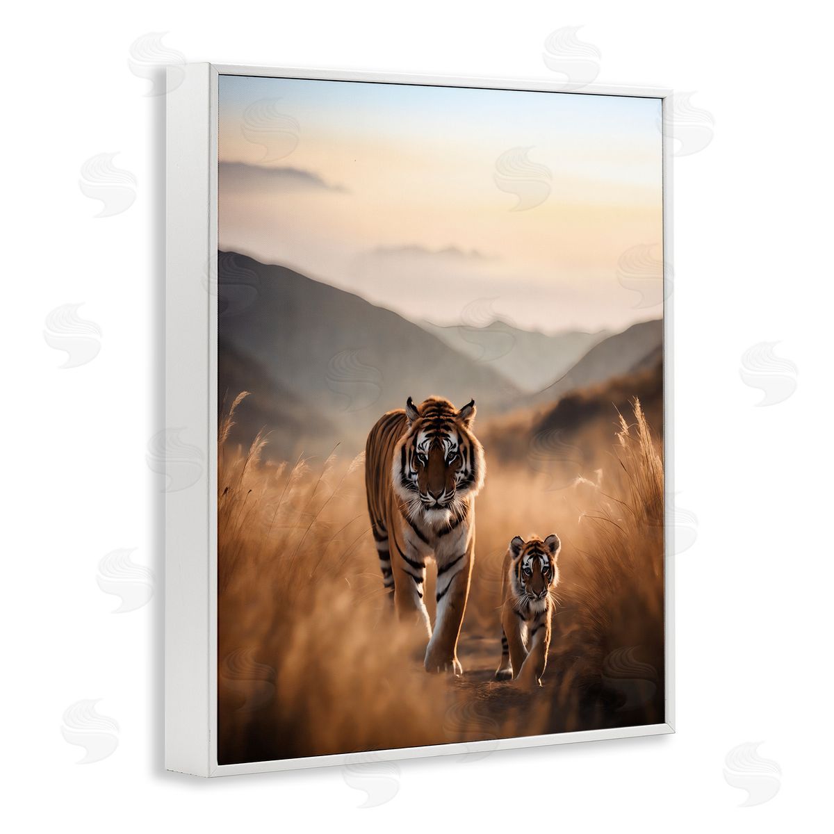 Tiger & Cub on Savanna White Frame Print Wall Art, Home Decor by Noah Bay