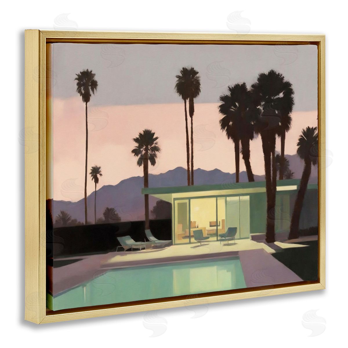 Noah Bay Pool Surrounded by Palms Gold Floating Frame Canvas Wall Art Print