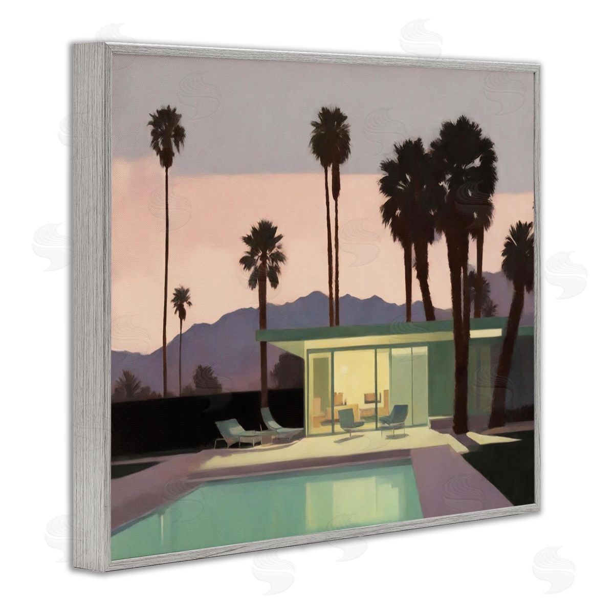 Noah Bay Pool Surrounded by Palms Gray Framed Giclee Wall Art Print