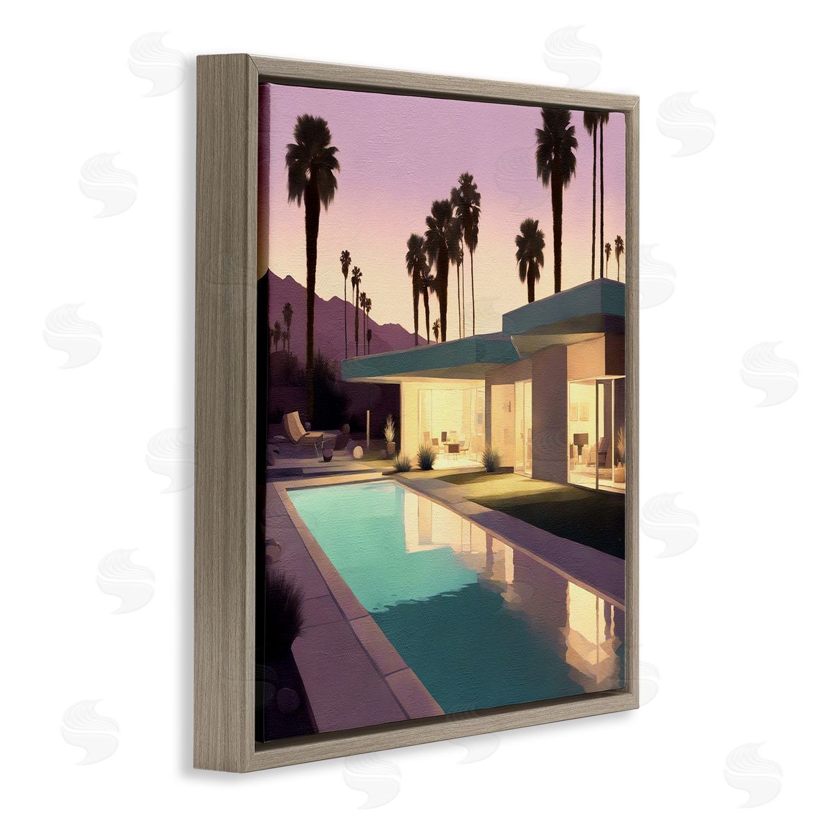 Noah Bay Palm Trees & Pool Villa Brown Floating Frame Canvas Wall Art Print