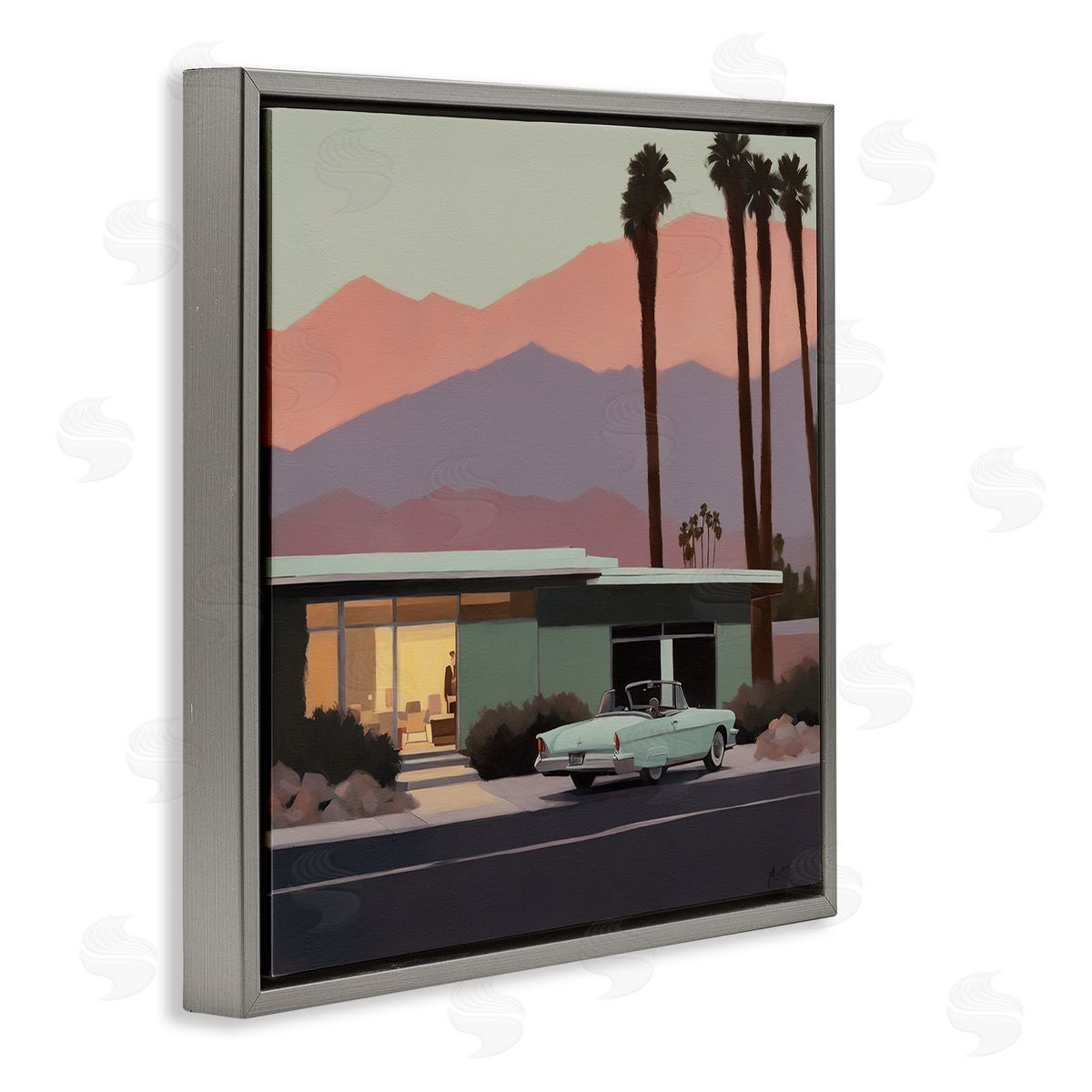 Noah Bay Tropical House & Car Gray Floating Frame Canvas Wall Art Print