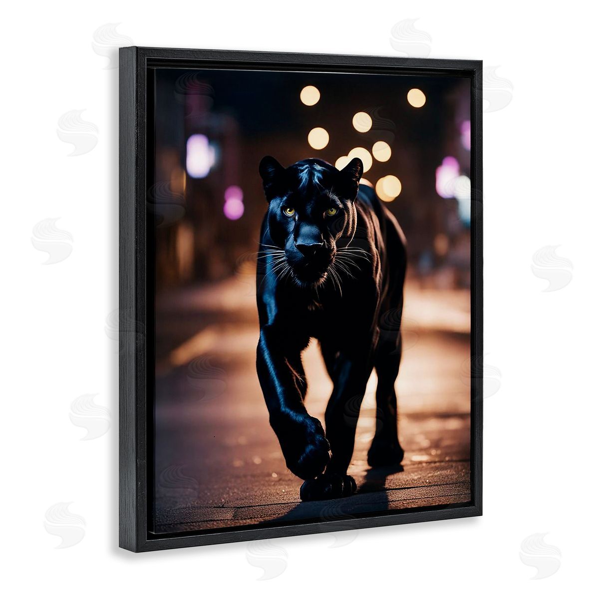 Stalking Panther on Street Black Floating Frame Canvas Wall Art, Home Decor by Noah Bay