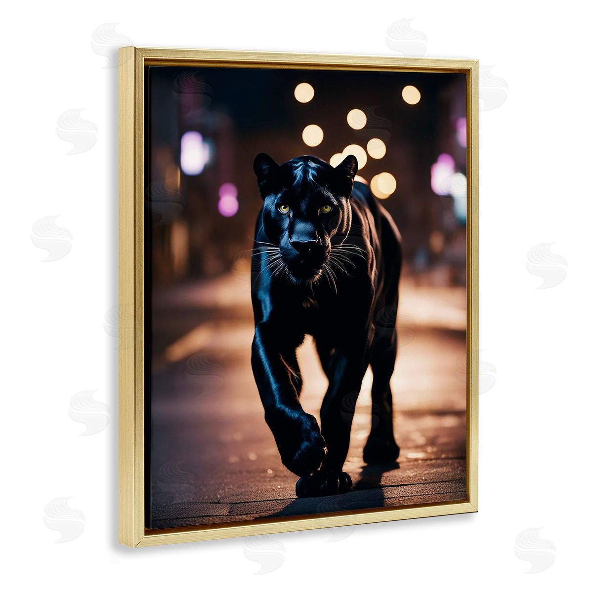 Stalking Panther on Street Gold Floating Frame Canvas Wall Art, Home Decor by Noah Bay