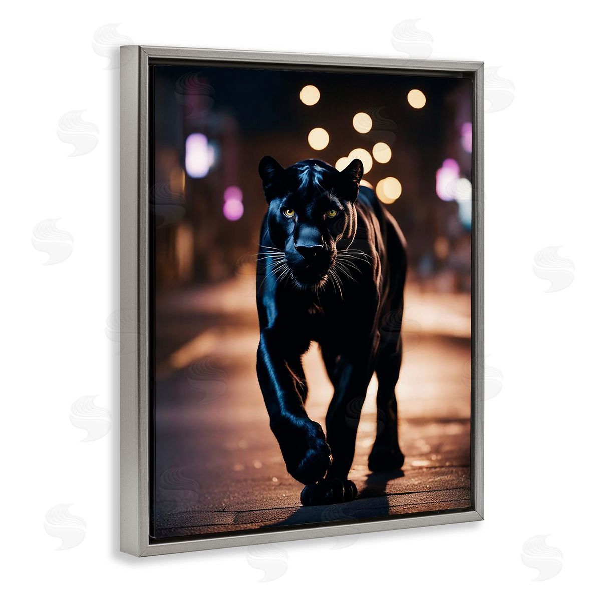 Stalking Panther on Street Grey Floating Frame Canvas Wall Art, Home Decor by Noah Bay