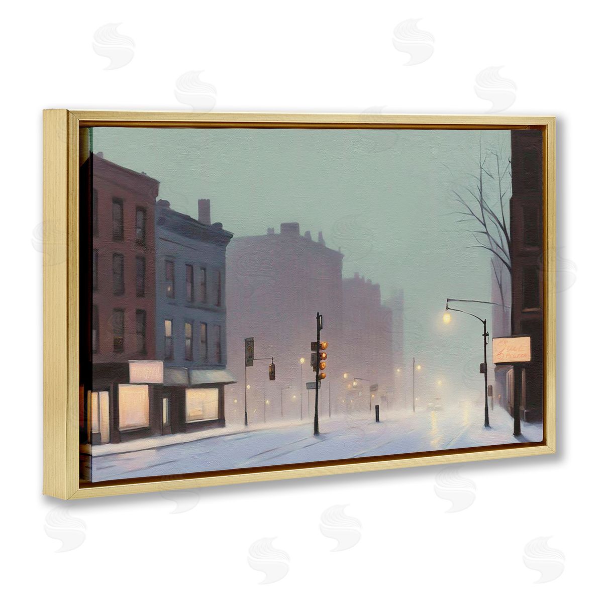 Foggy City Street Gold Floating Frame Canvas Wall Art, Home Decor by Noah Bay