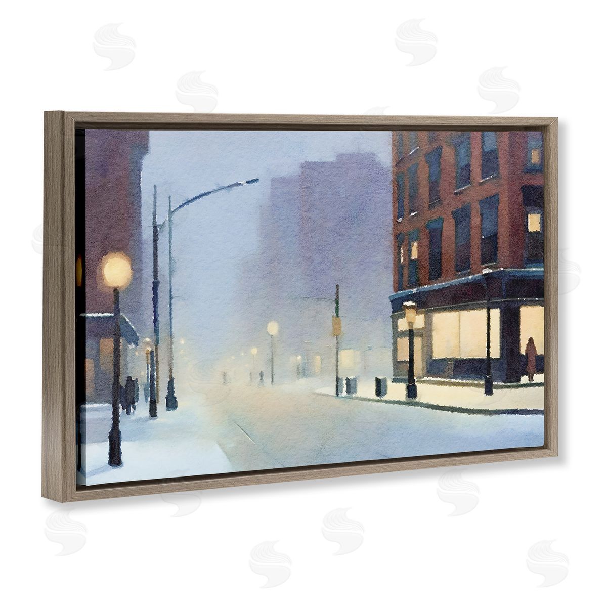 Misty Winter City Street Brown Floating Frame Canvas Wall Art, Home Decor by Noah Bay