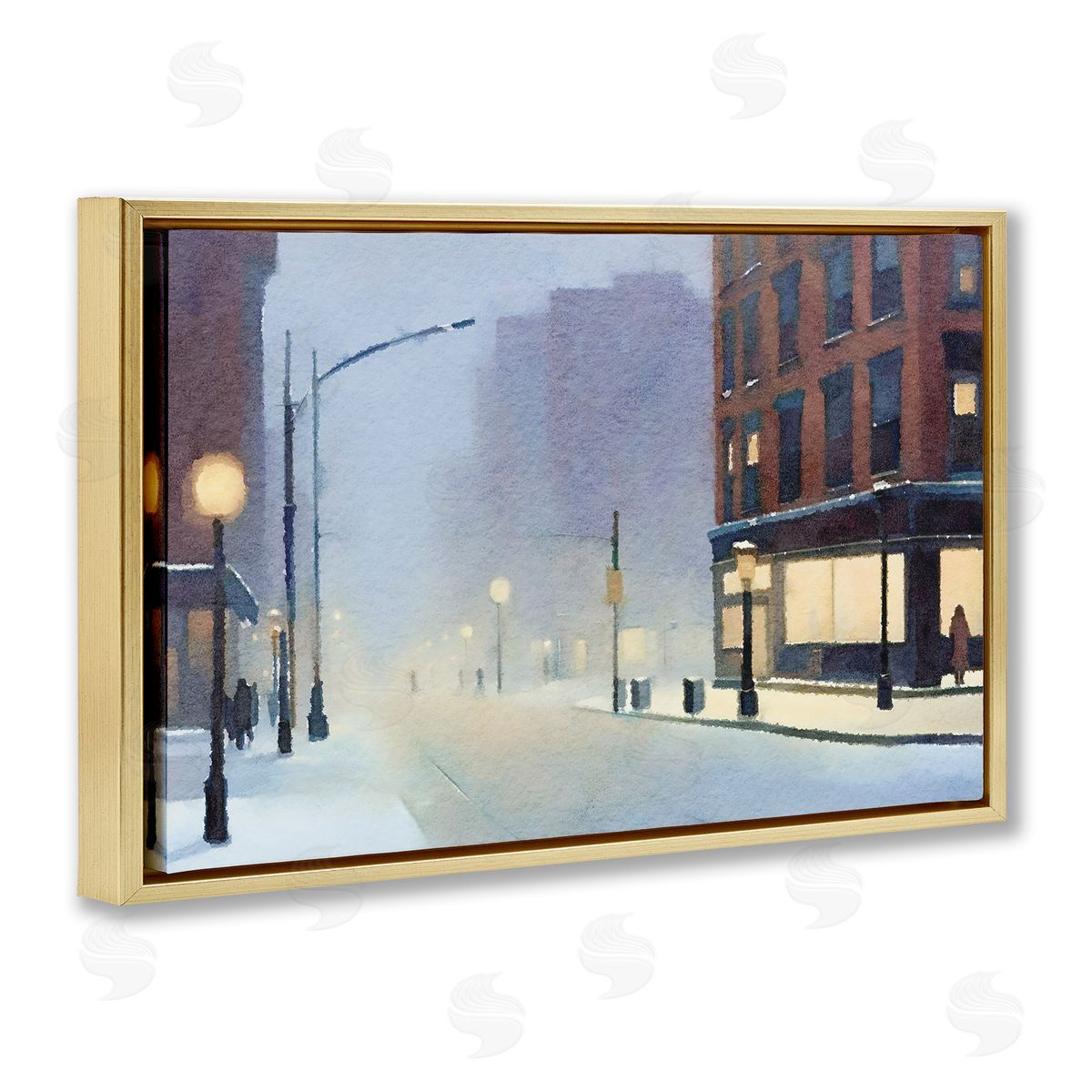 Misty Winter City Street Gold Floating Frame Canvas Wall Art, Home Decor by Noah Bay