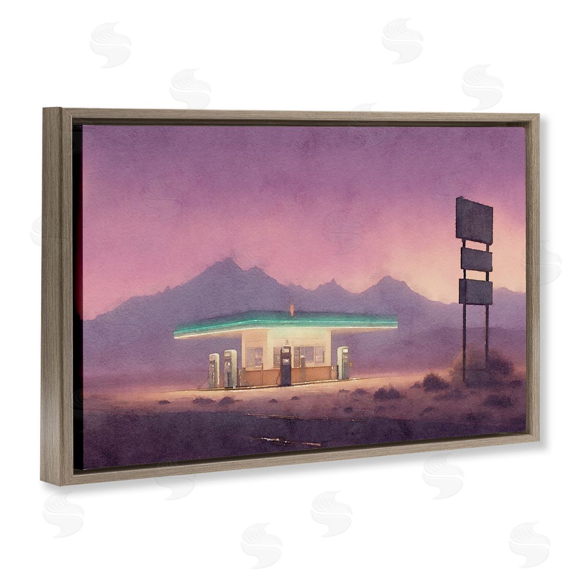 Desert Gas Station Brown Floating Frame Canvas Wall Art, Home Decor by Noah Bay