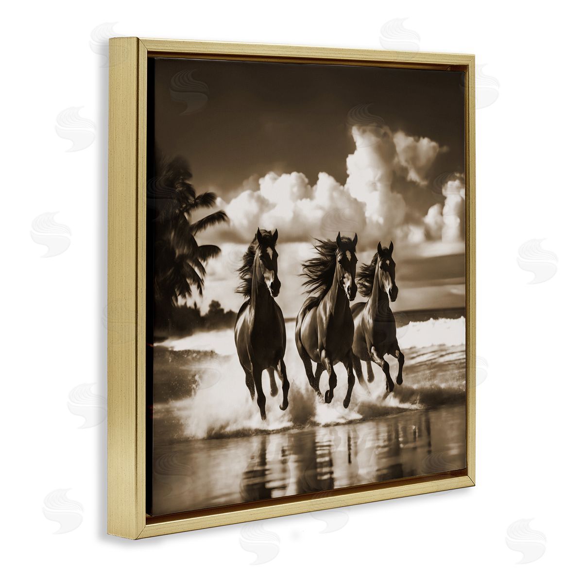 Noah Bay Sepia Stallions Galloping Gold Floating Frame Canvas Wall Art Print