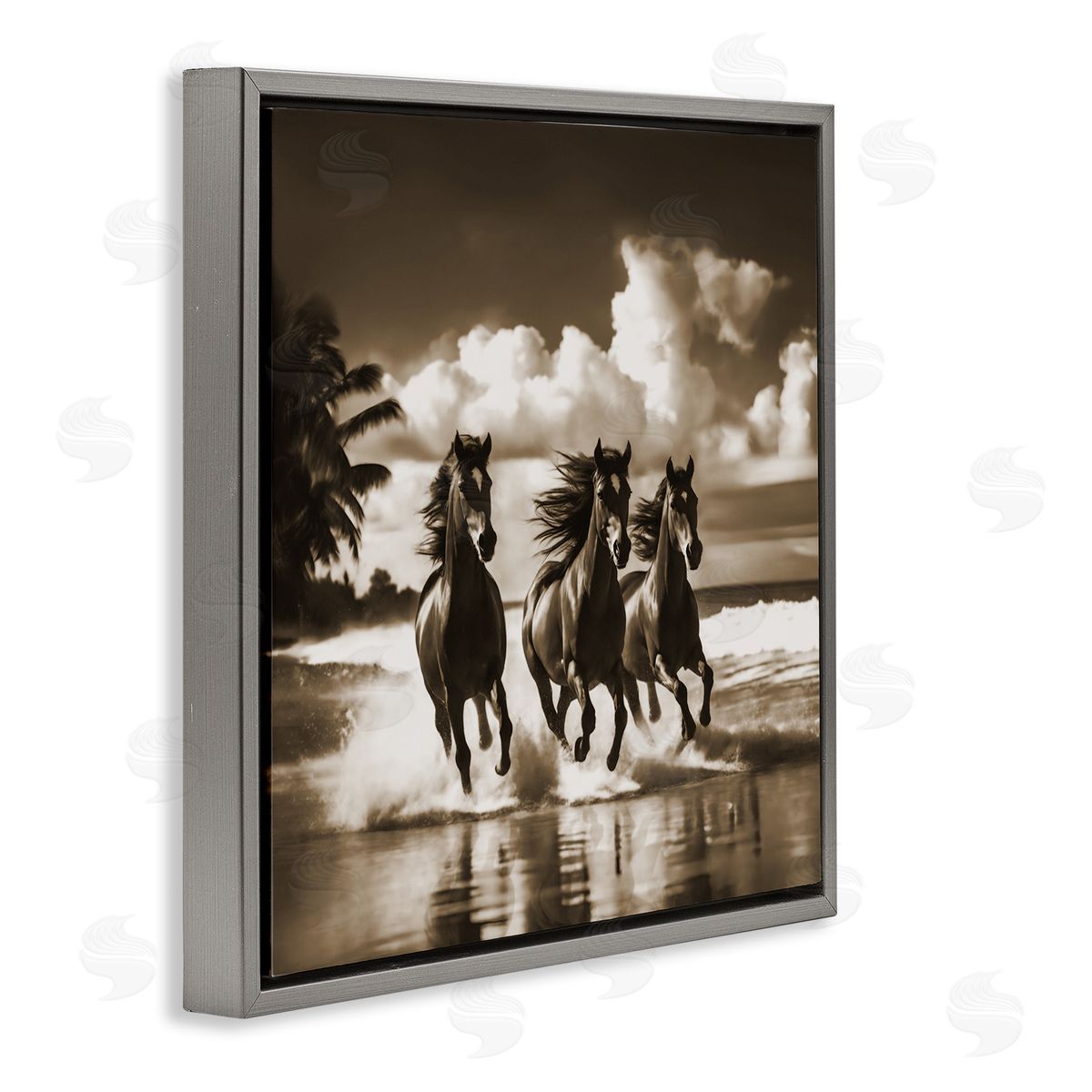 Noah Bay Sepia Stallions Galloping Gray Floating Frame Canvas Wall Art Print