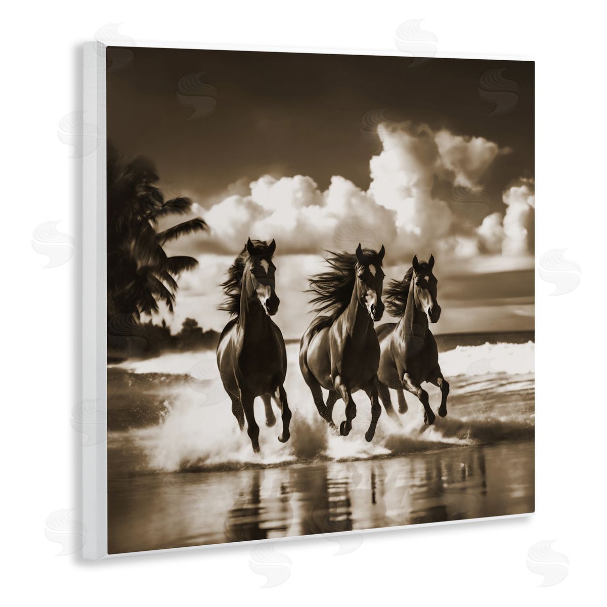 Noah Bay Sepia Stallions Galloping Wooden Wall Plaque Art Print