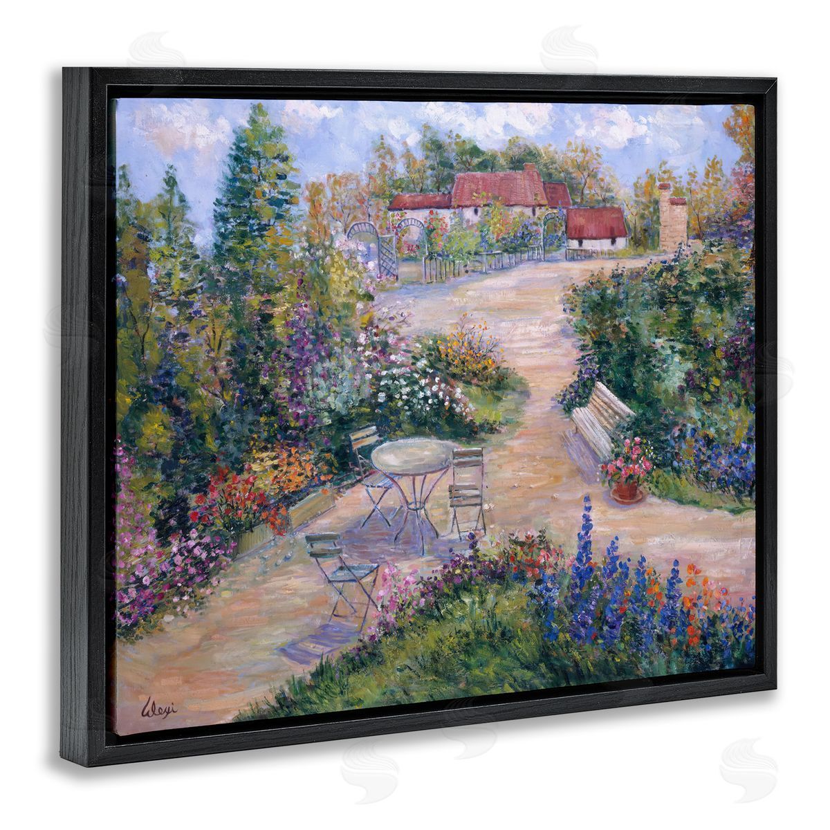 Alexi Fine Spring Garden Benches Black Floating Frame Canvas Wall Art Print