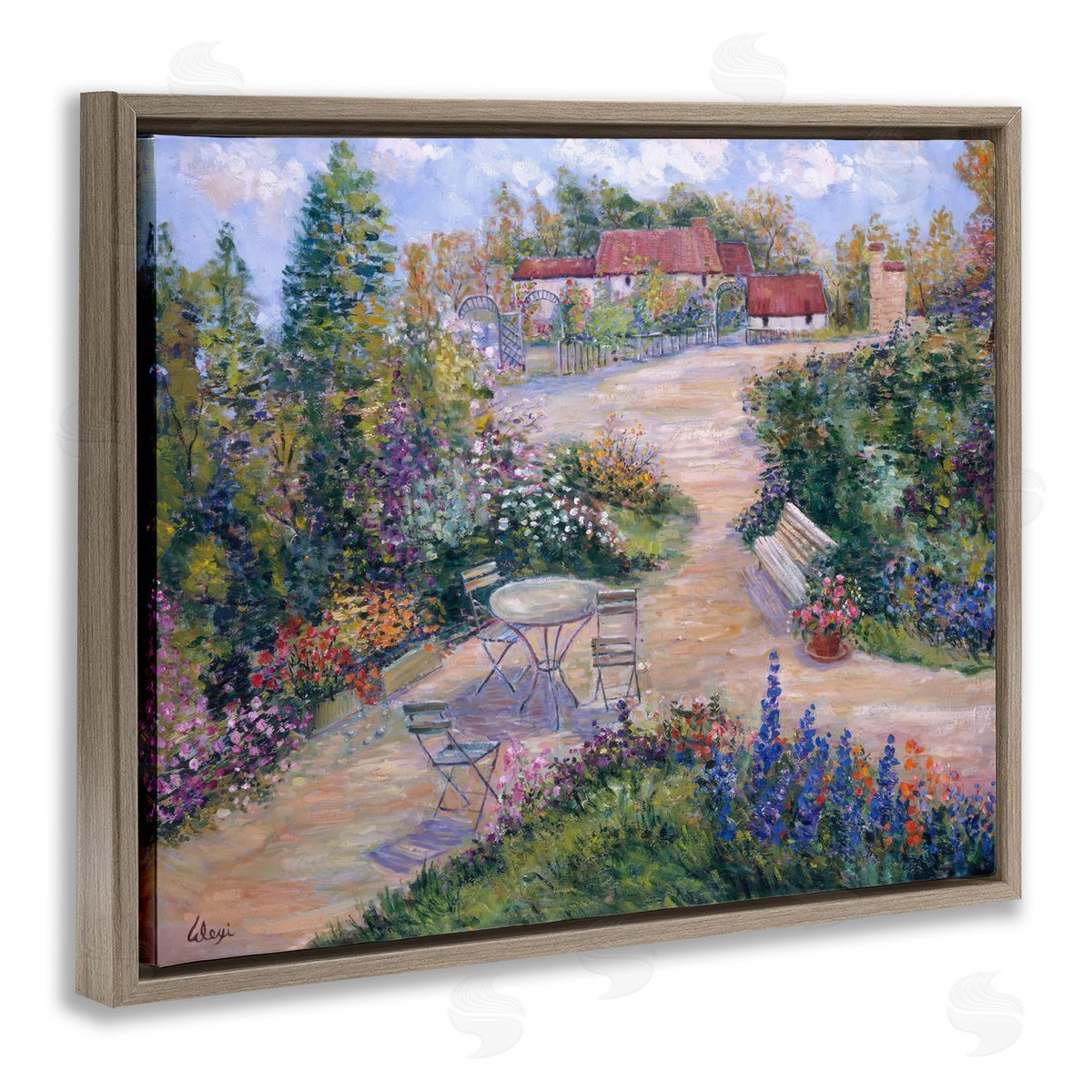 Alexi Fine Spring Garden Benches Brown Floating Frame Canvas Wall Art Print