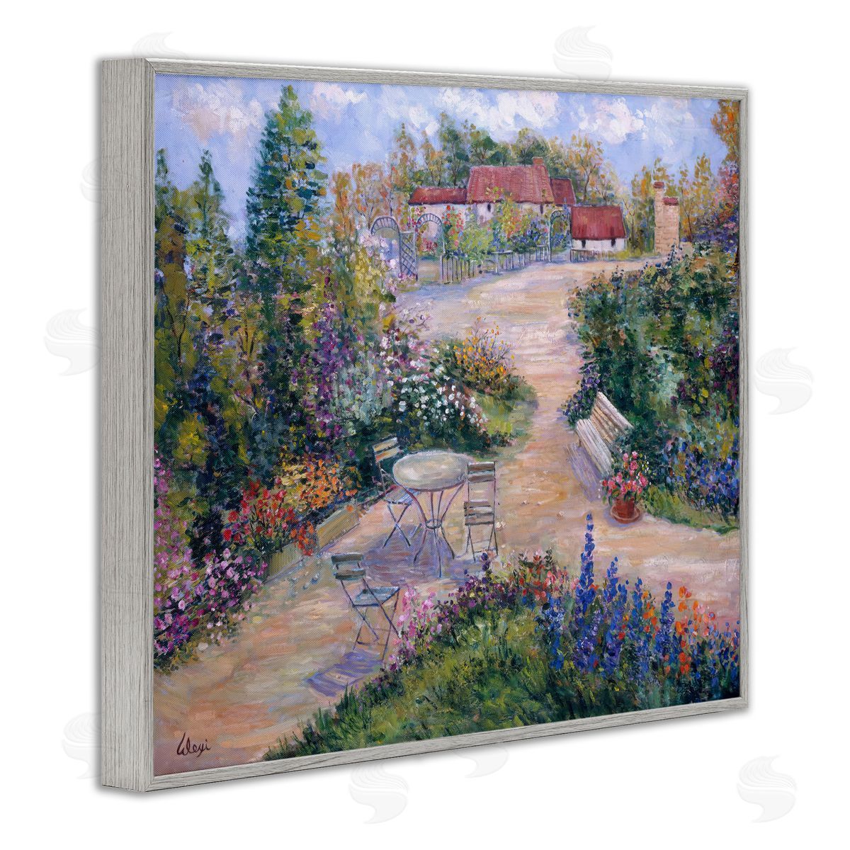 Alexi Fine Spring Garden Benches Gray Framed Giclee Wall Art Print