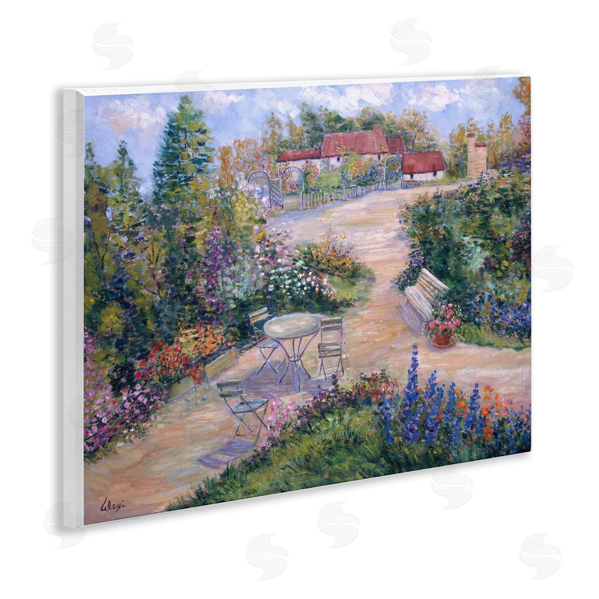 Alexi Fine Spring Garden Benches Wooden Wall Plaque Art Print