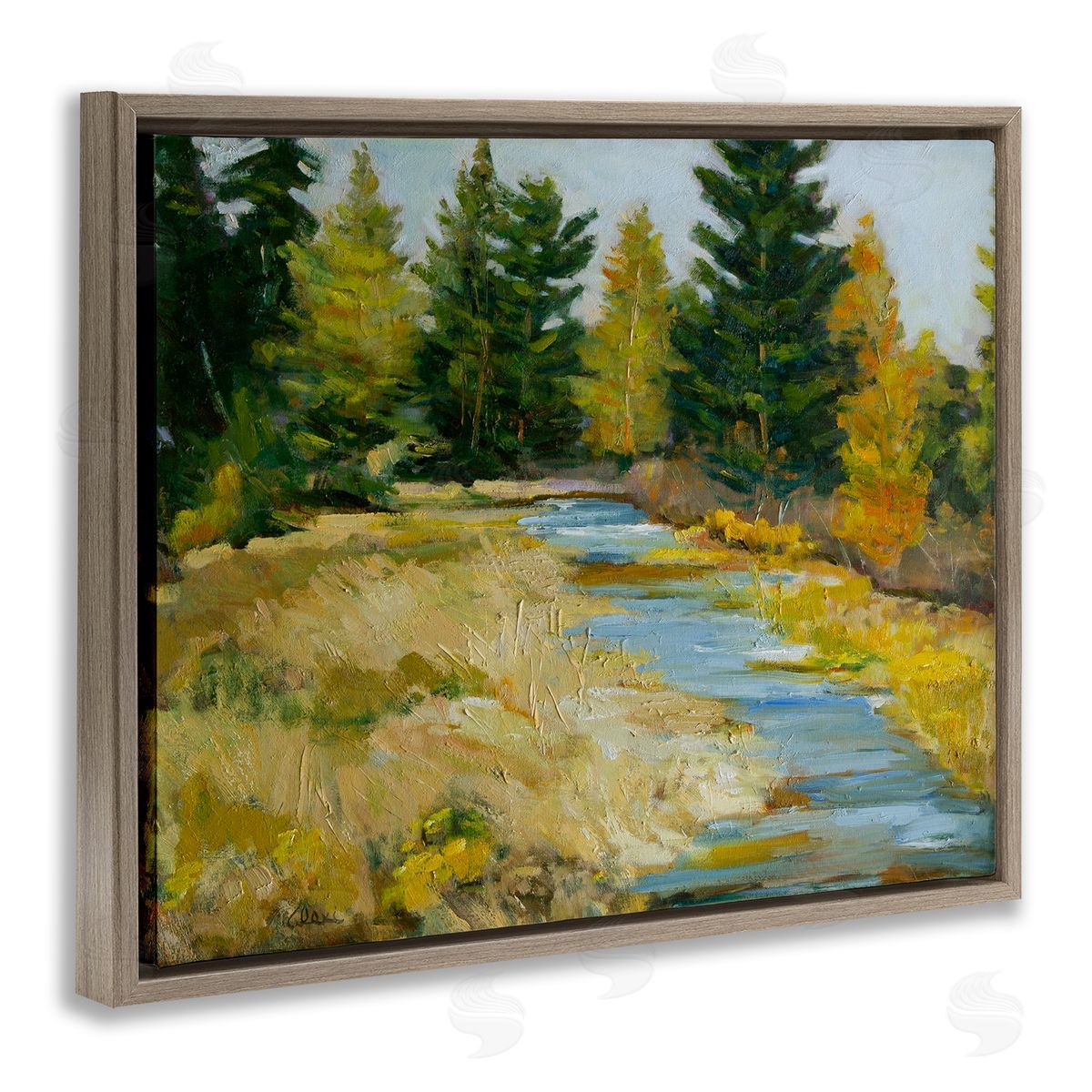 Alexi Fine A Fine Creekside Landscape Brown Floating Frame Canvas Wall Art Print