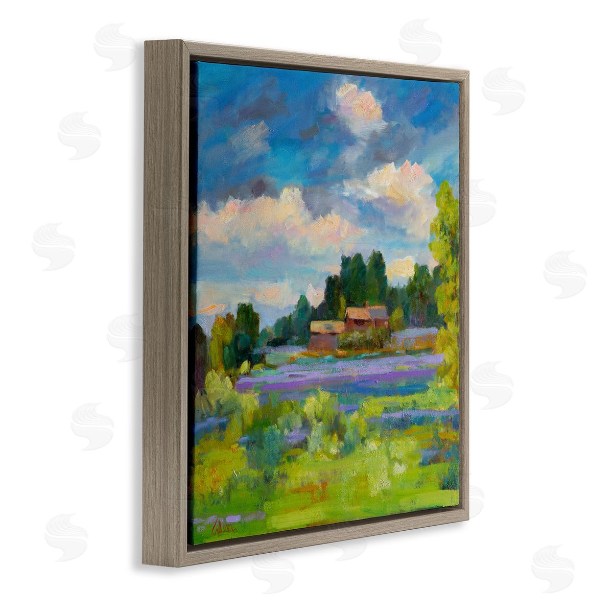 Lavender Countryside Landscape Brown Floating Frame Canvas Wall Art, Home Decor by Alexi Fine