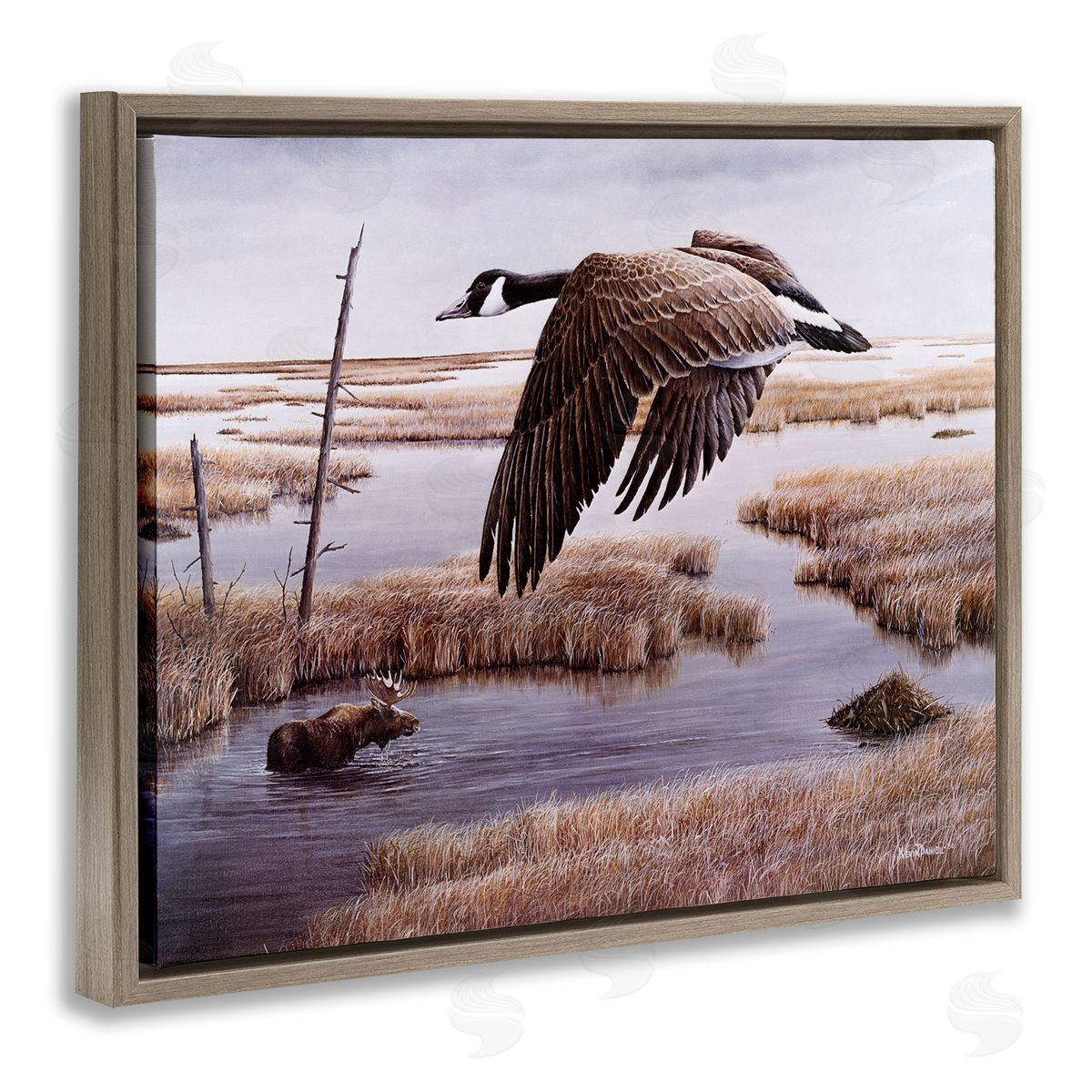 Kevin Daniel Goose Over Creek Brown Floating Frame Canvas Wall Art Print