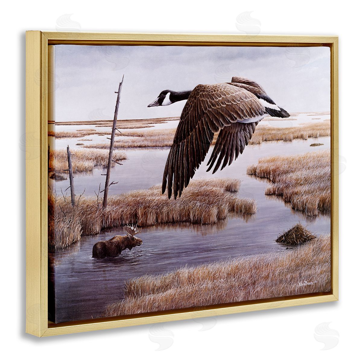 Kevin Daniel Goose Over Creek Gold Floating Frame Canvas Wall Art Print