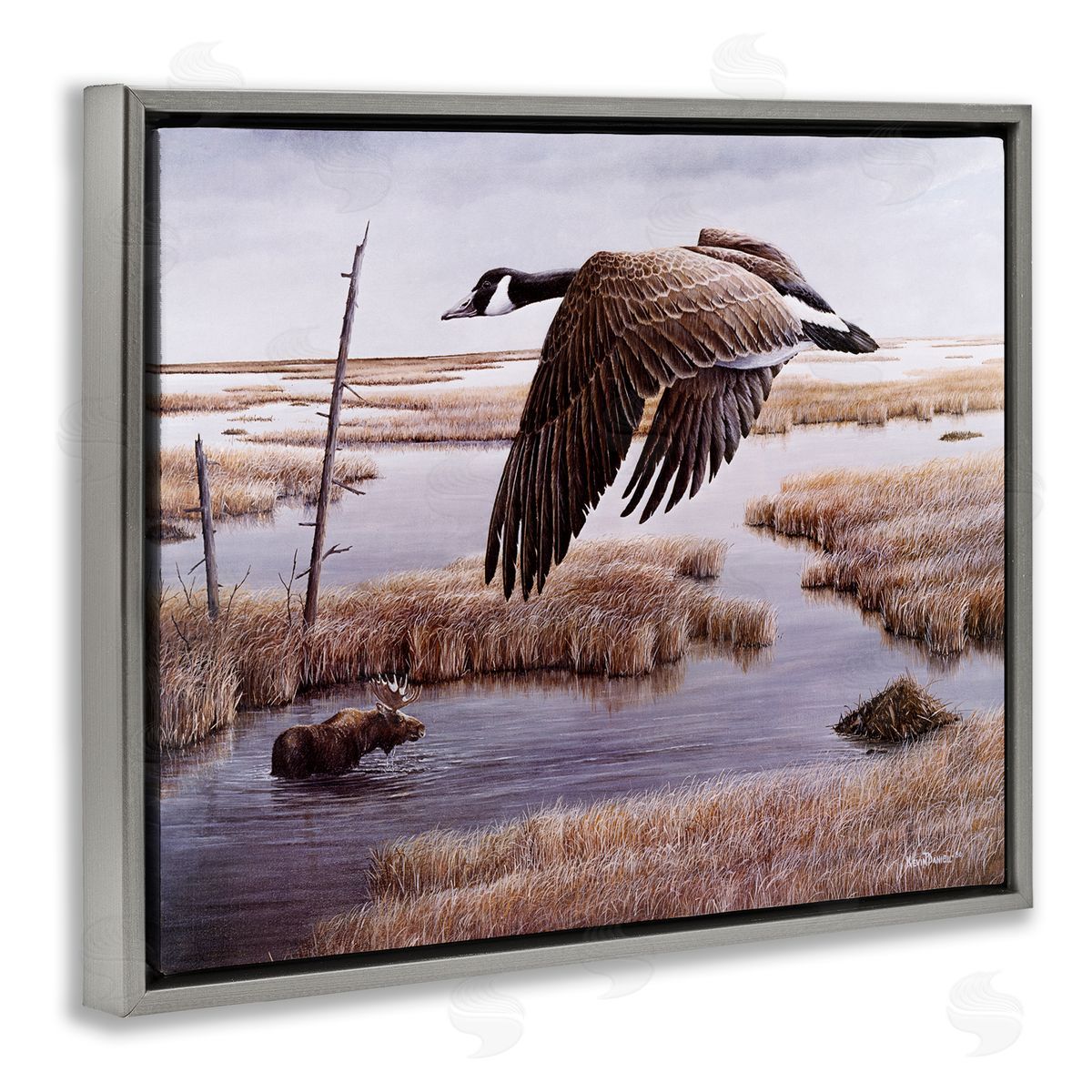 Kevin Daniel Goose Over Creek Gray Floating Frame Canvas Wall Art Print