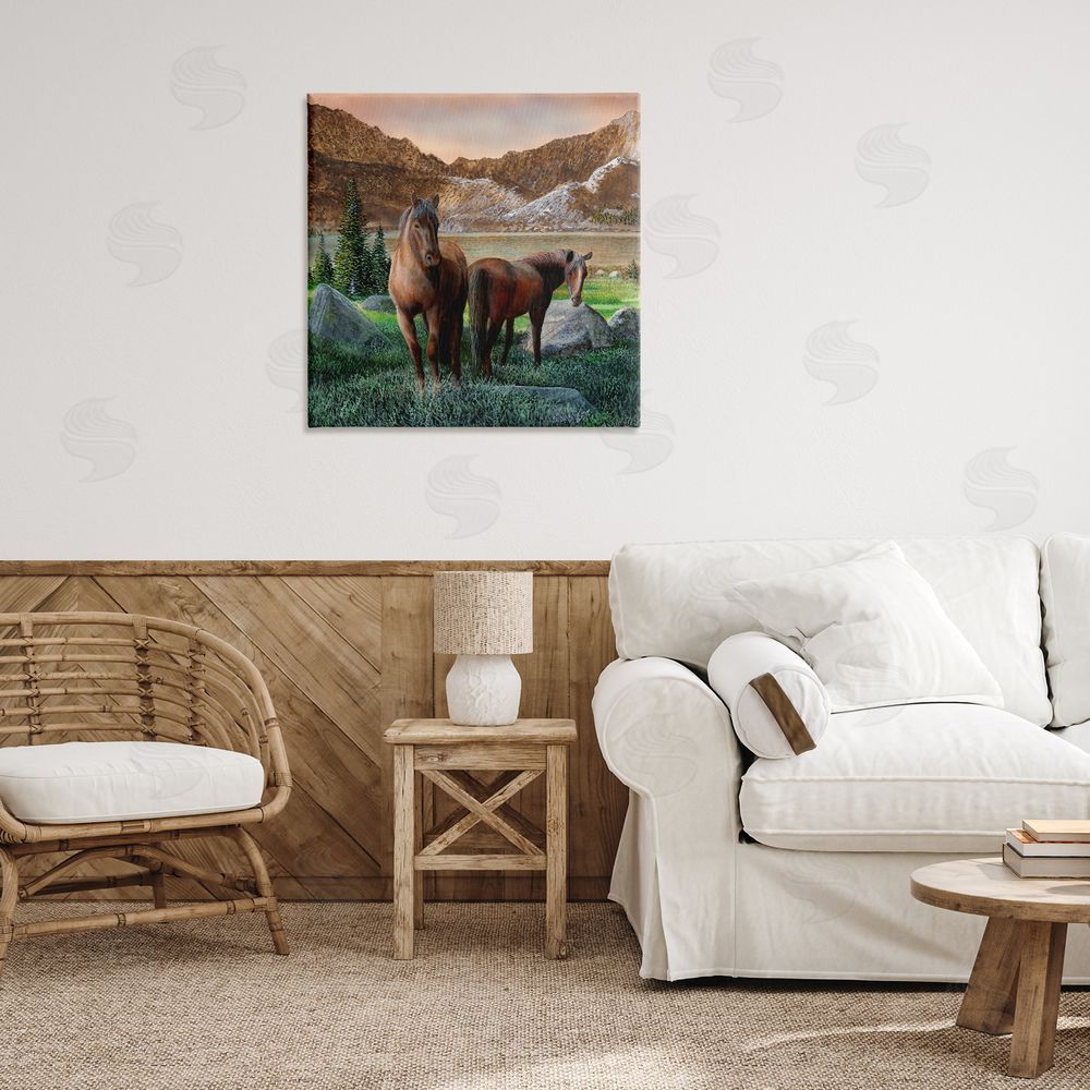 Kevin Daniel Two Horses by Mountain Canvas Wall Art Print in Room