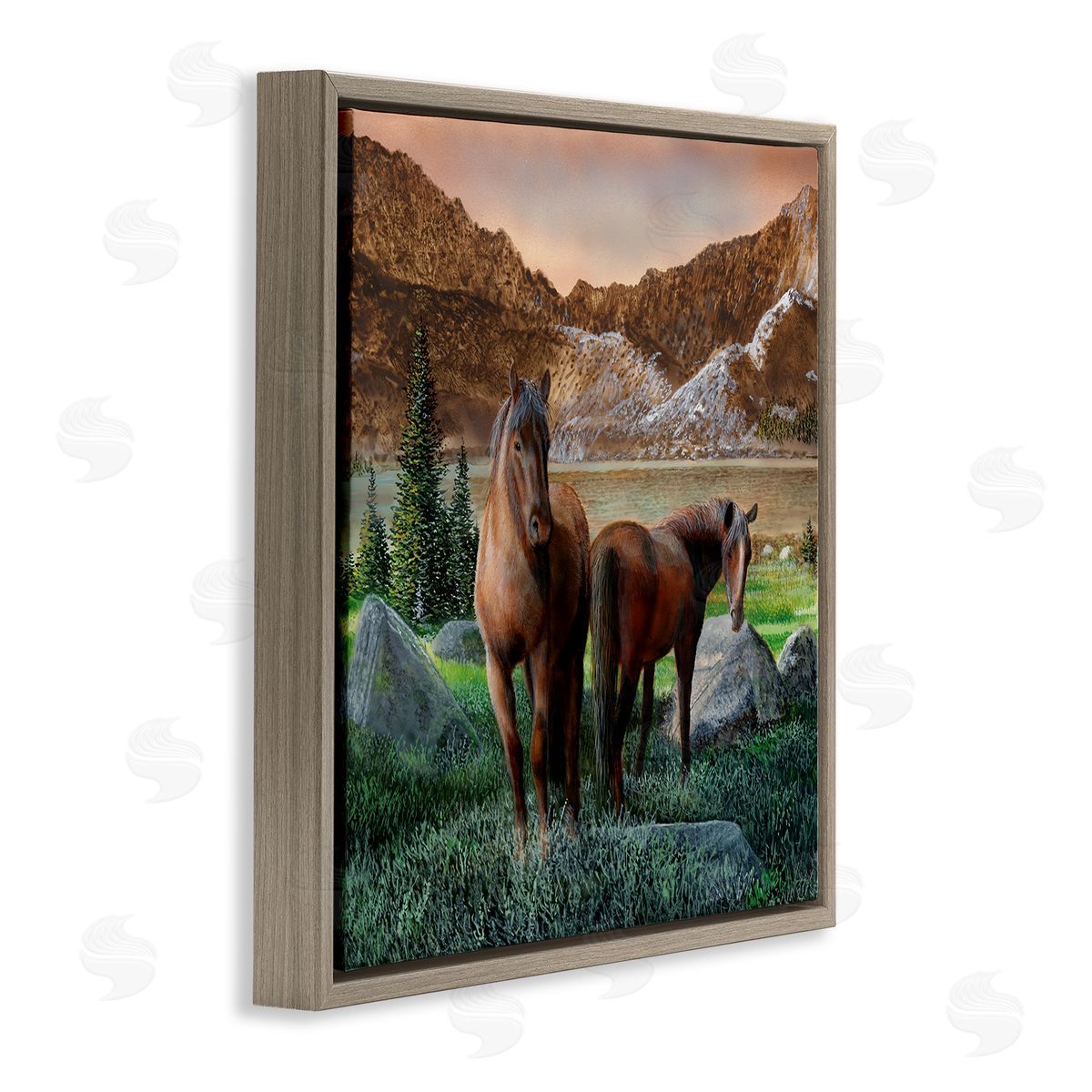 Kevin Daniel Two Horses by Mountain Brown Floating Frame Canvas Wall Art Print