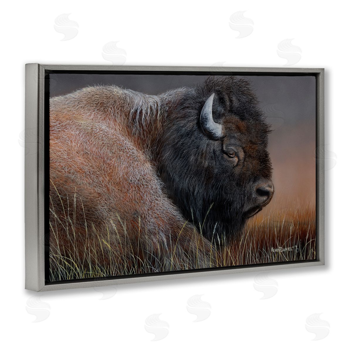 Detailed Bison Close Up Grey Floating Frame Canvas Wall Art, Home Decor by Kevin Daniel