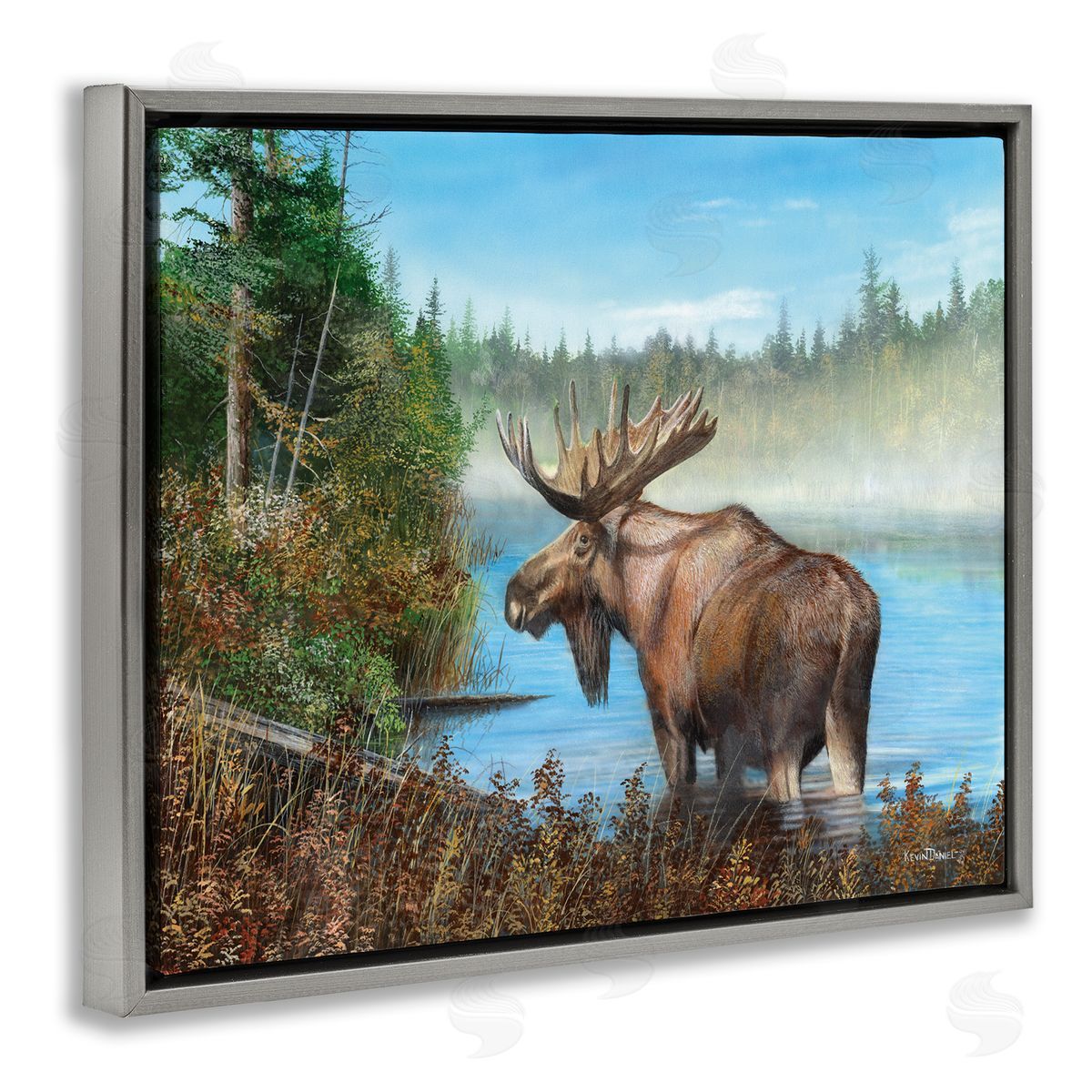 Kevin Daniel Rustic Moose Wading in Shore Gray Floating Frame Canvas Wall Art Print