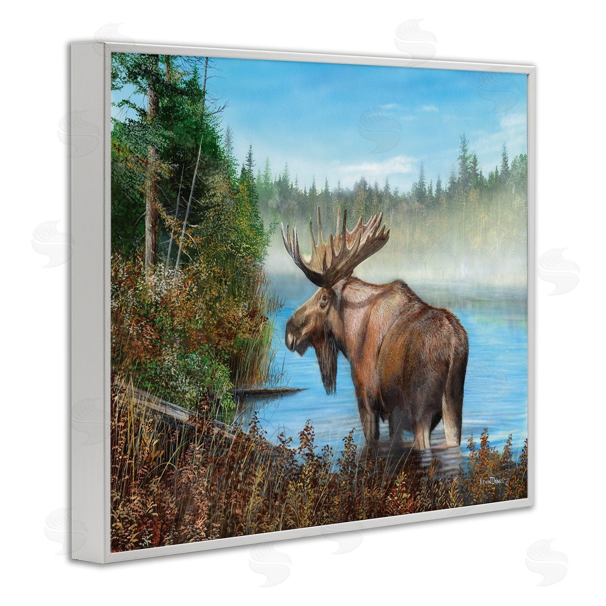 Kevin Daniel Rustic Moose Wading in Shore White Framed Giclee Wall Art Print