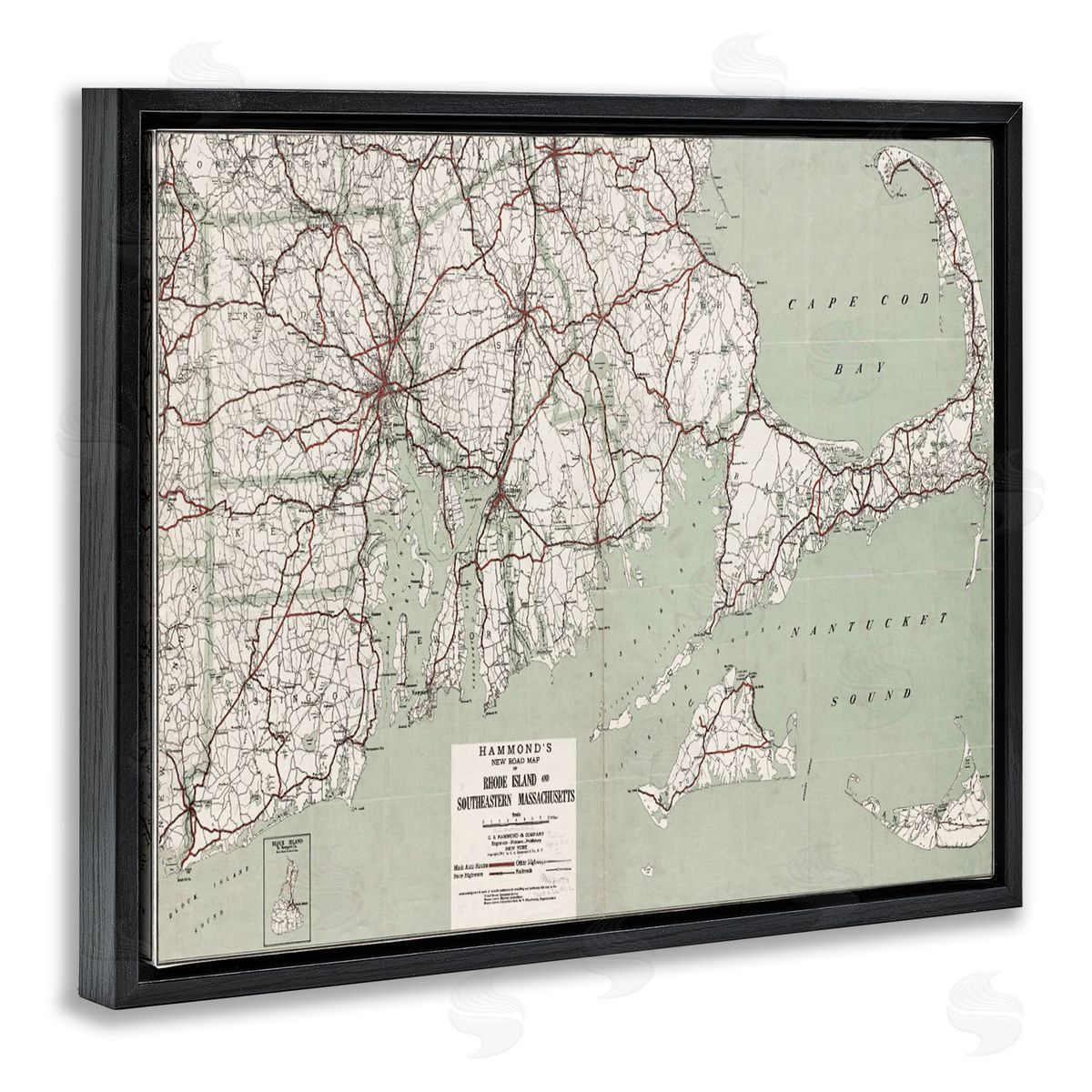 Graffitee Studios Cape Cod & RI Map Black Floating Frame Canvas Wall Art Print