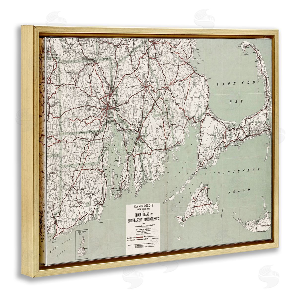Graffitee Studios Cape Cod & RI Map Gold Floating Frame Canvas Wall Art Print