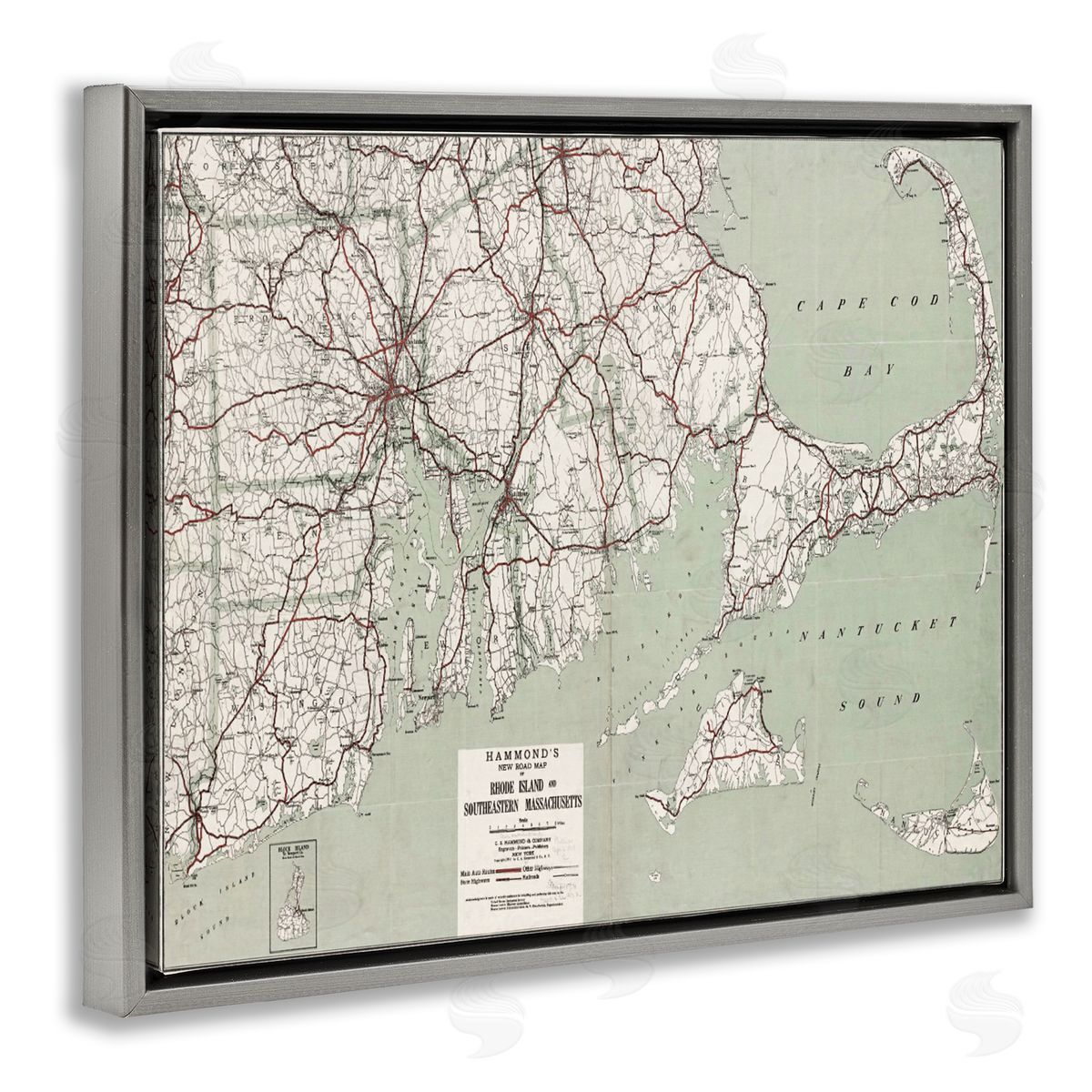Graffitee Studios Cape Cod & RI Map Gray Floating Frame Canvas Wall Art Print