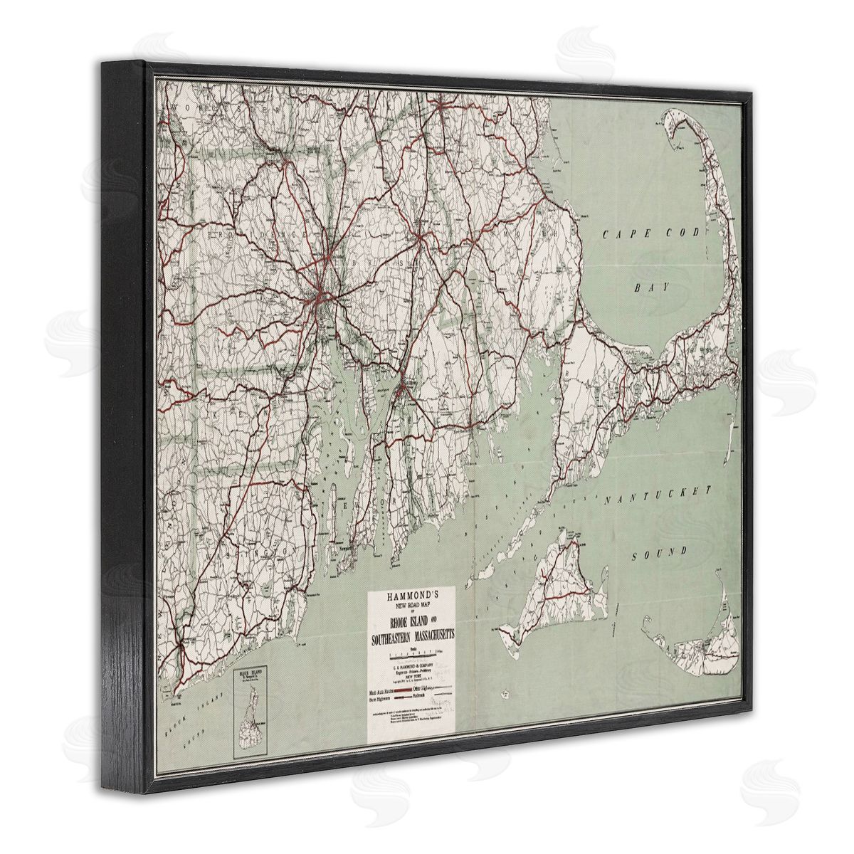 Graffitee Studios Cape Cod & RI Map Black Framed Giclee Wall Art Print