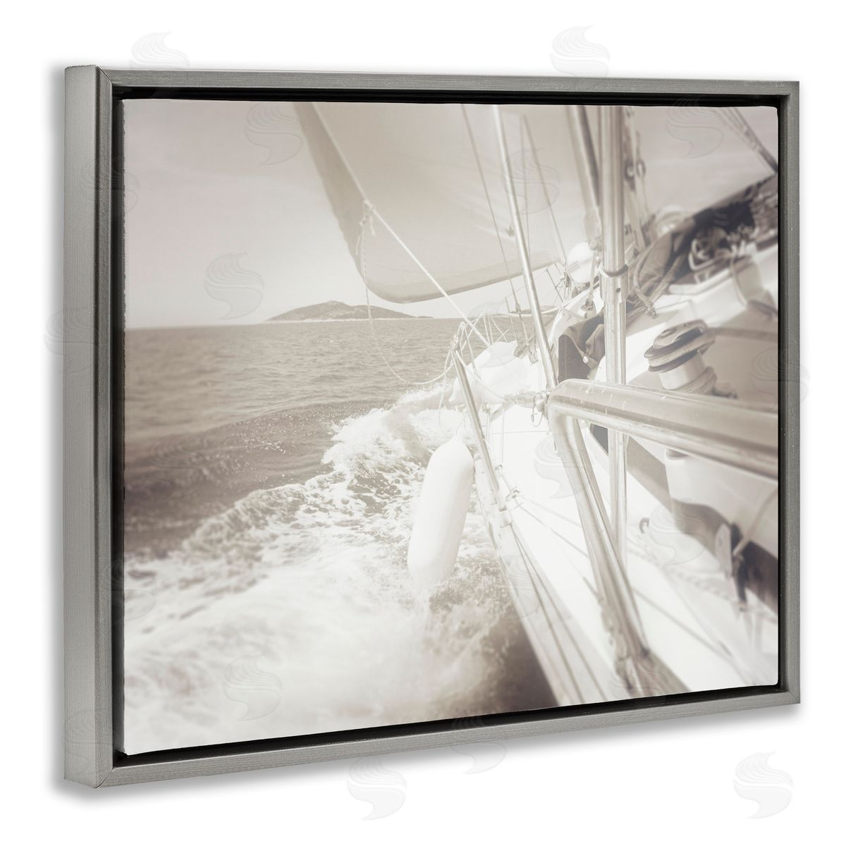 Graffitee Studios Splashing Boat Bow Gray Floating Frame Canvas Wall Art Print