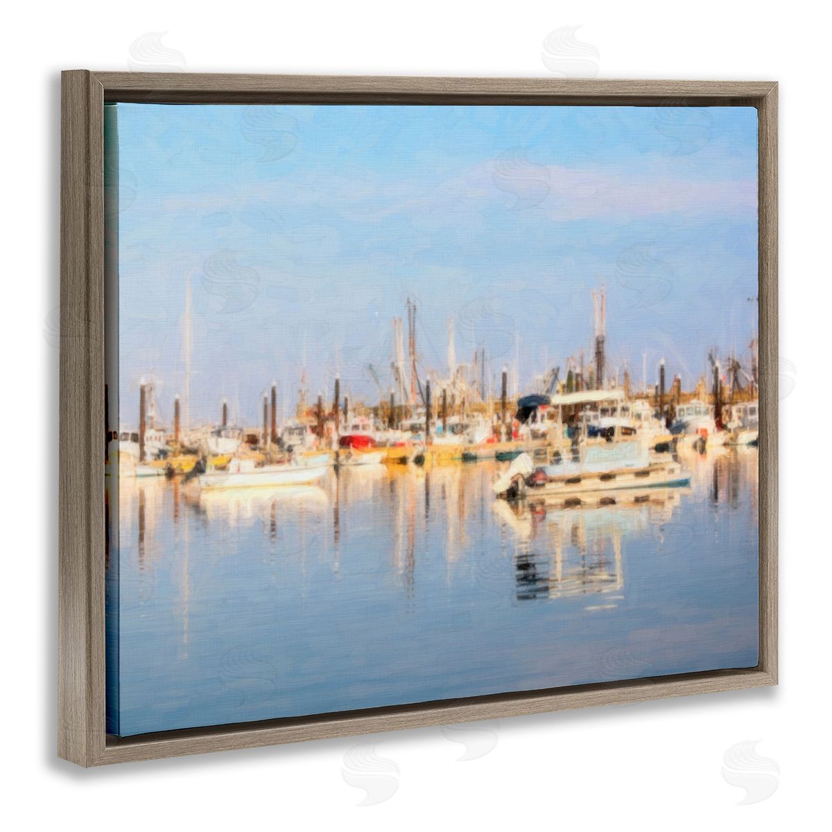 Graffitee Studios Blurred Abstract Boat Marina Brown Floating Frame Canvas Wall Art Print