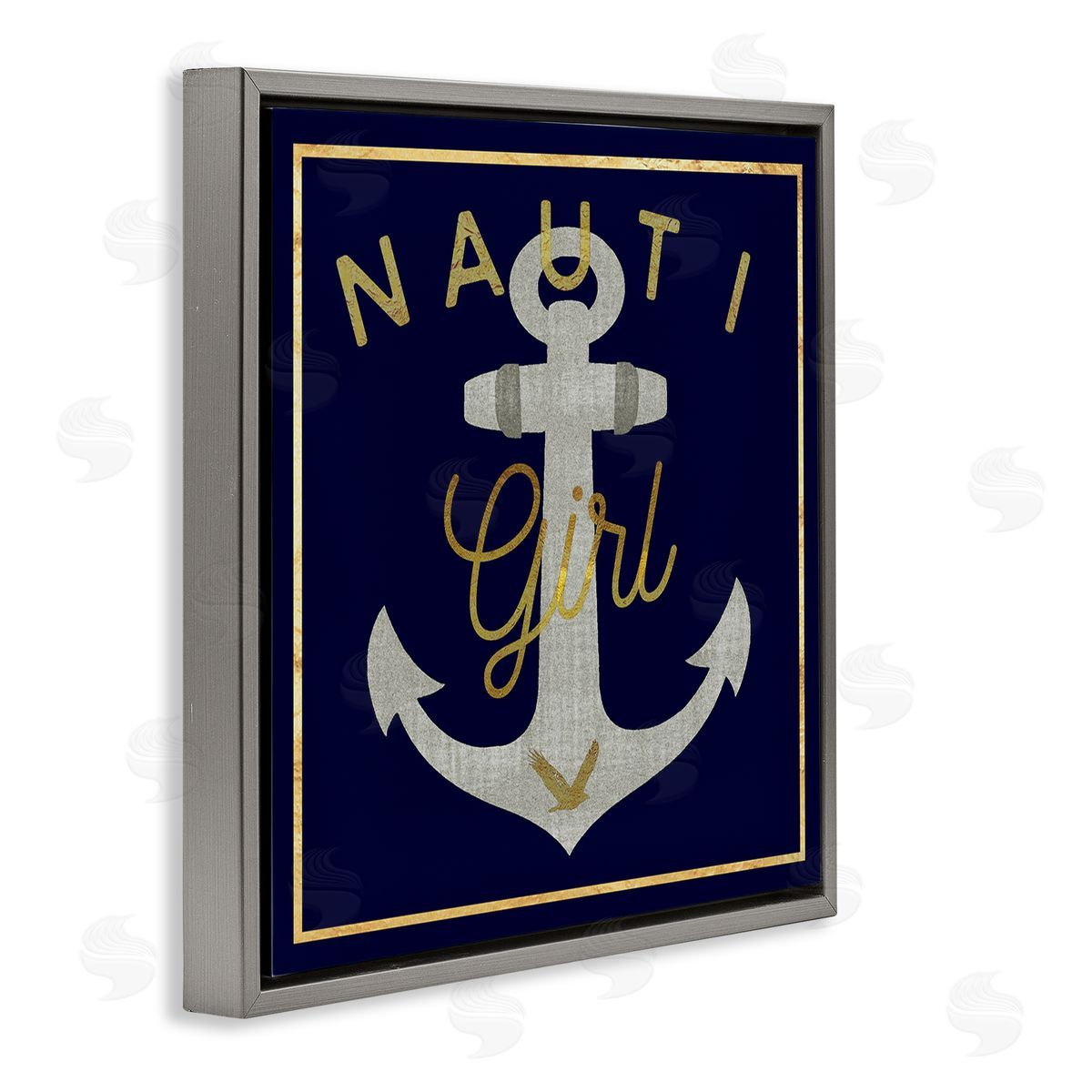 Graffitee Studios Nauti Girl with Anchor Gray Floating Frame Canvas Wall Art Print