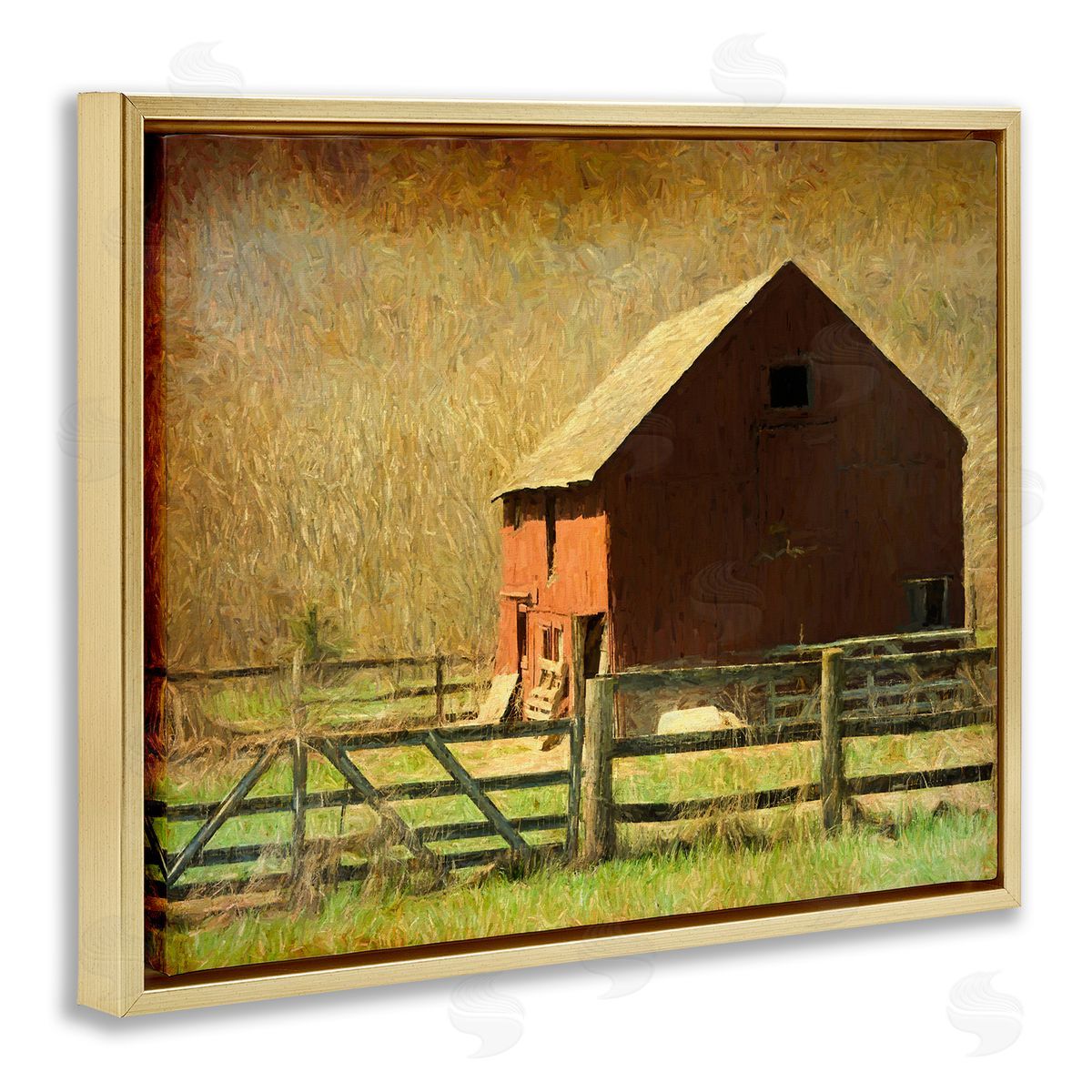 Graffitee Studios Red Barn Distressed Pattern Gold Floating Frame Canvas Wall Art Print
