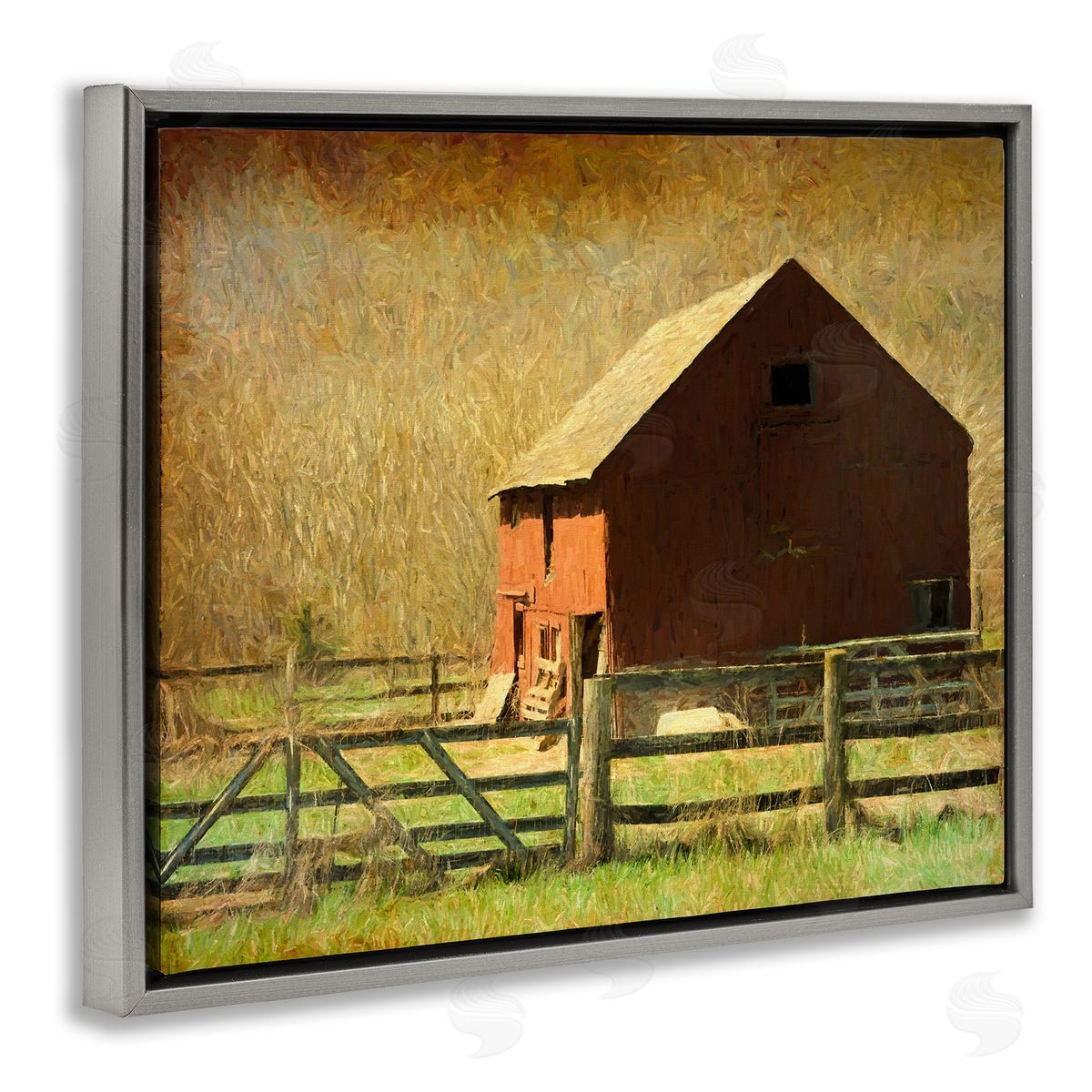 Graffitee Studios Red Barn Distressed Pattern Gray Floating Frame Canvas Wall Art Print