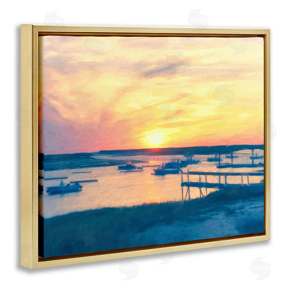 Boats Illuminated at Sunset Gold Floating Frame Canvas Wall Art, Home Decor by Graffi*tee Studios
