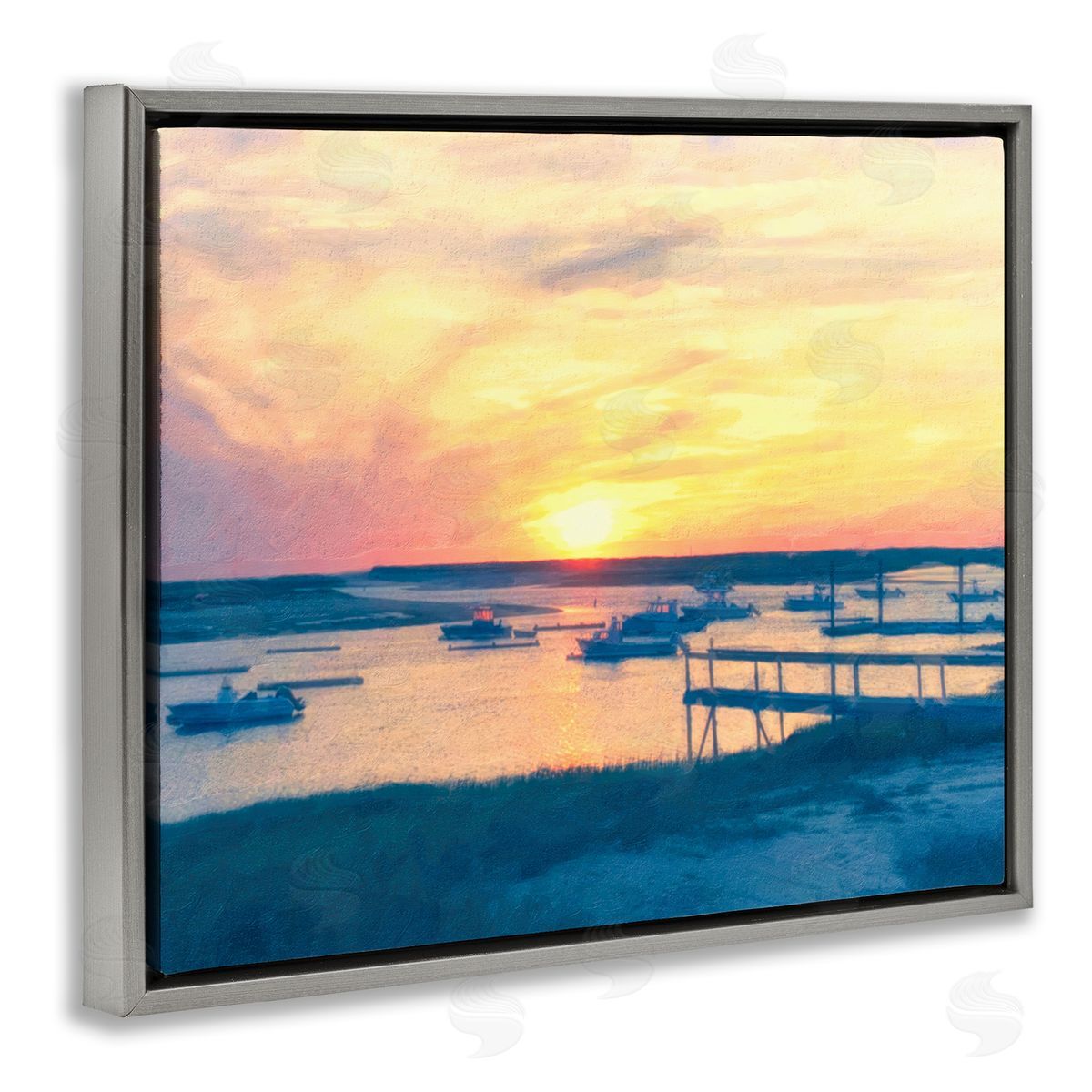 Boats Illuminated at Sunset Grey Floating Frame Canvas Wall Art, Home Decor by Graffi*tee Studios