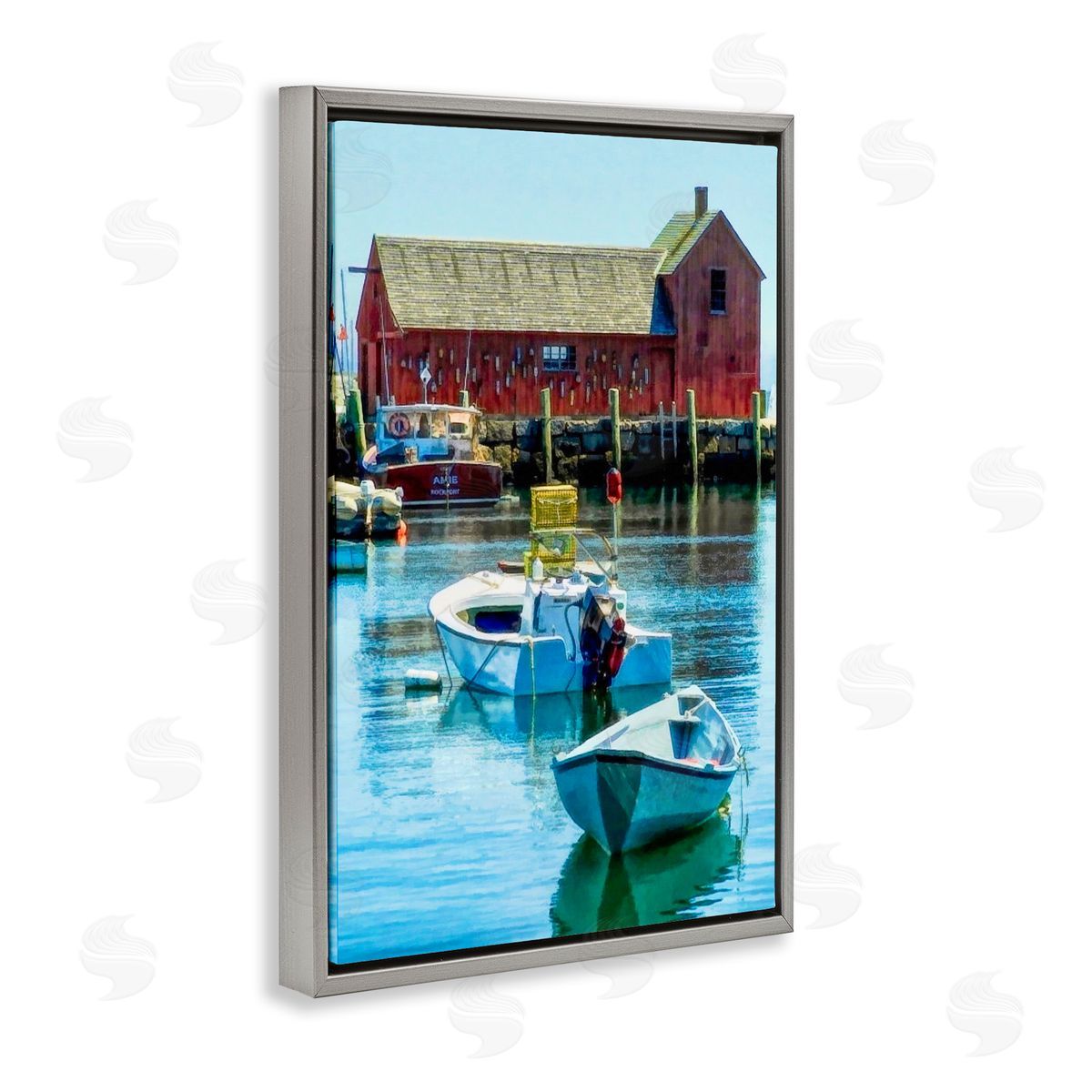 Tranquil Boat Harbor Grey Floating Frame Canvas Wall Art, Home Decor by Graffi*tee Studios