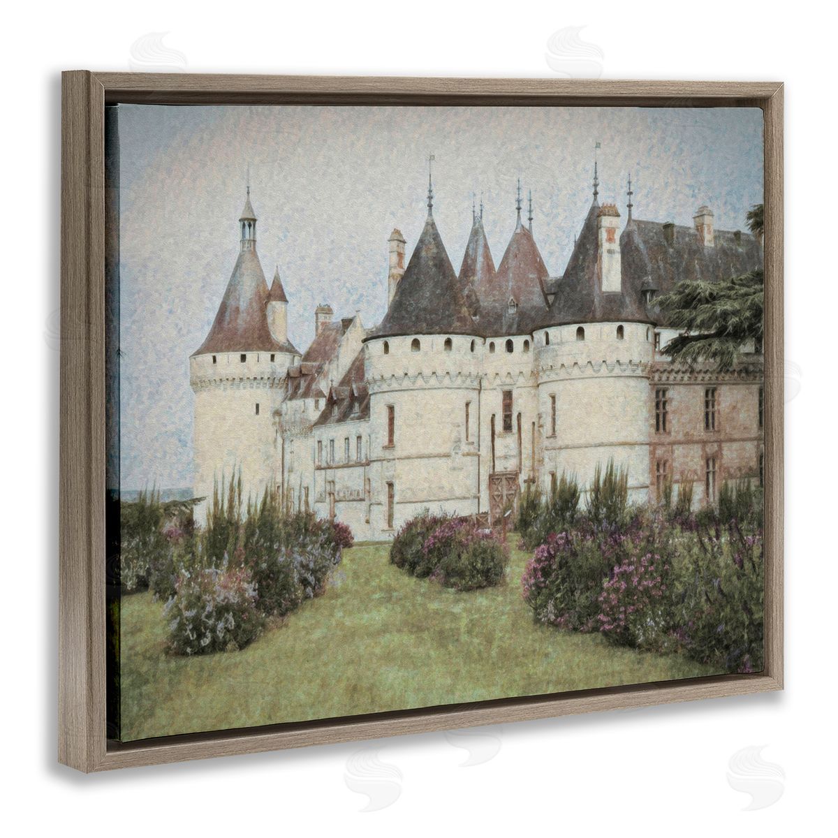Graffitee Studios French Castle Landmark Brown Floating Frame Canvas Wall Art Print