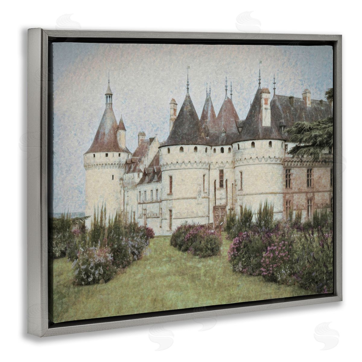 Graffitee Studios French Castle Landmark Gray Floating Frame Canvas Wall Art Print
