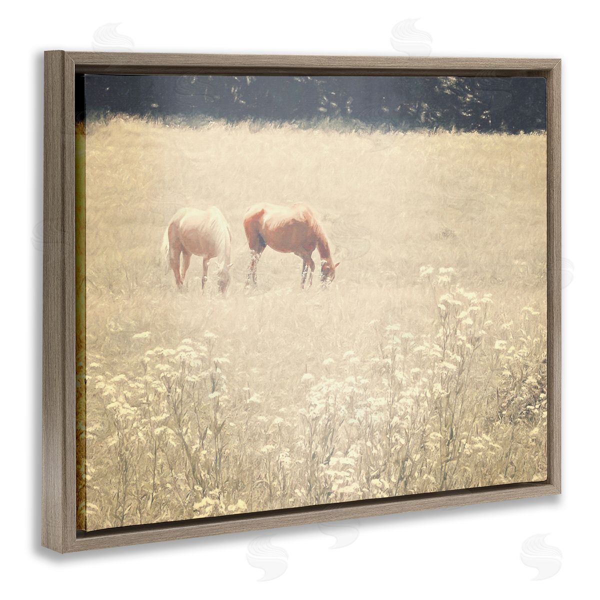 Graffitee Studios Pair of Horses Grazing Brown Floating Frame Canvas Wall Art Print