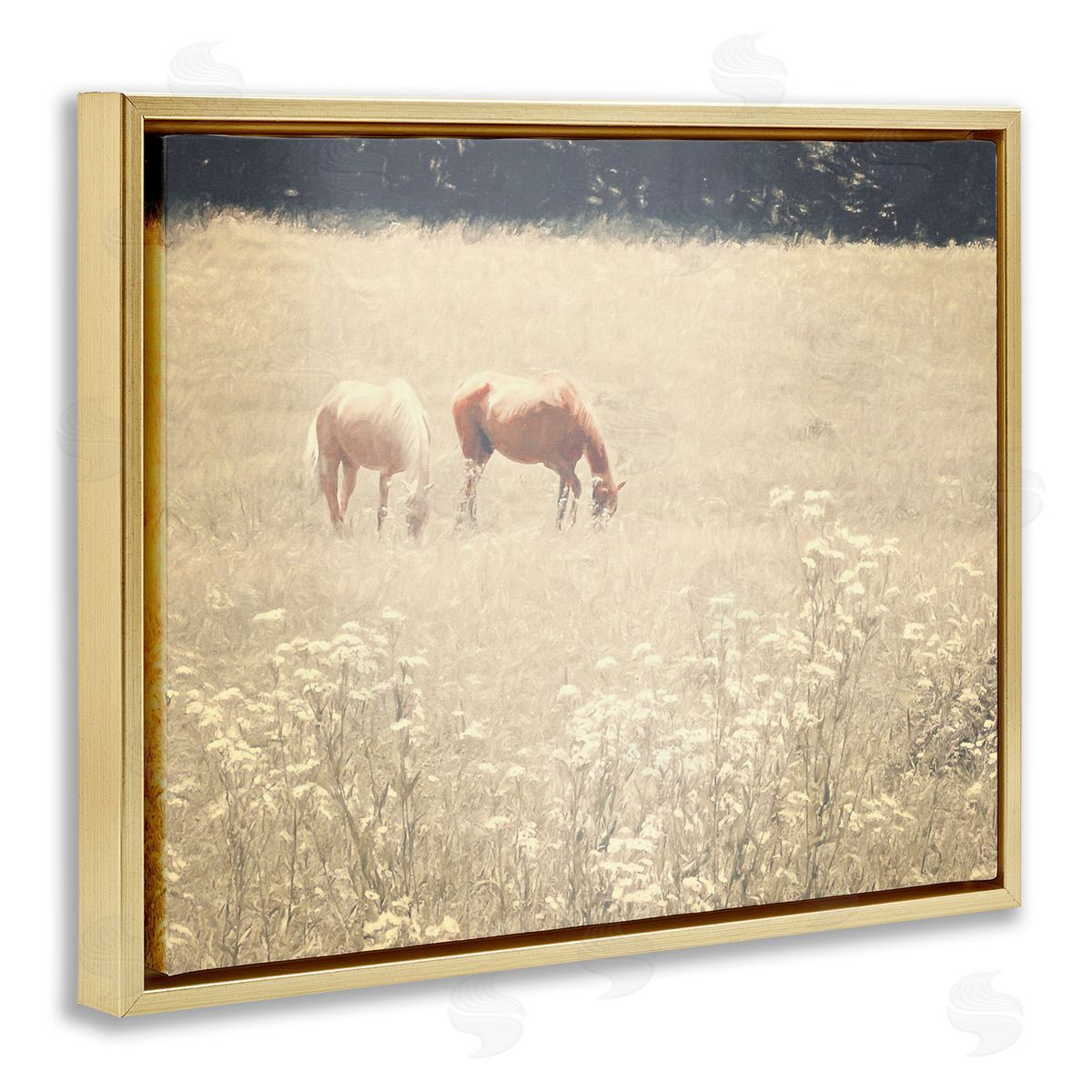 Graffitee Studios Pair of Horses Grazing Gold Floating Frame Canvas Wall Art Print
