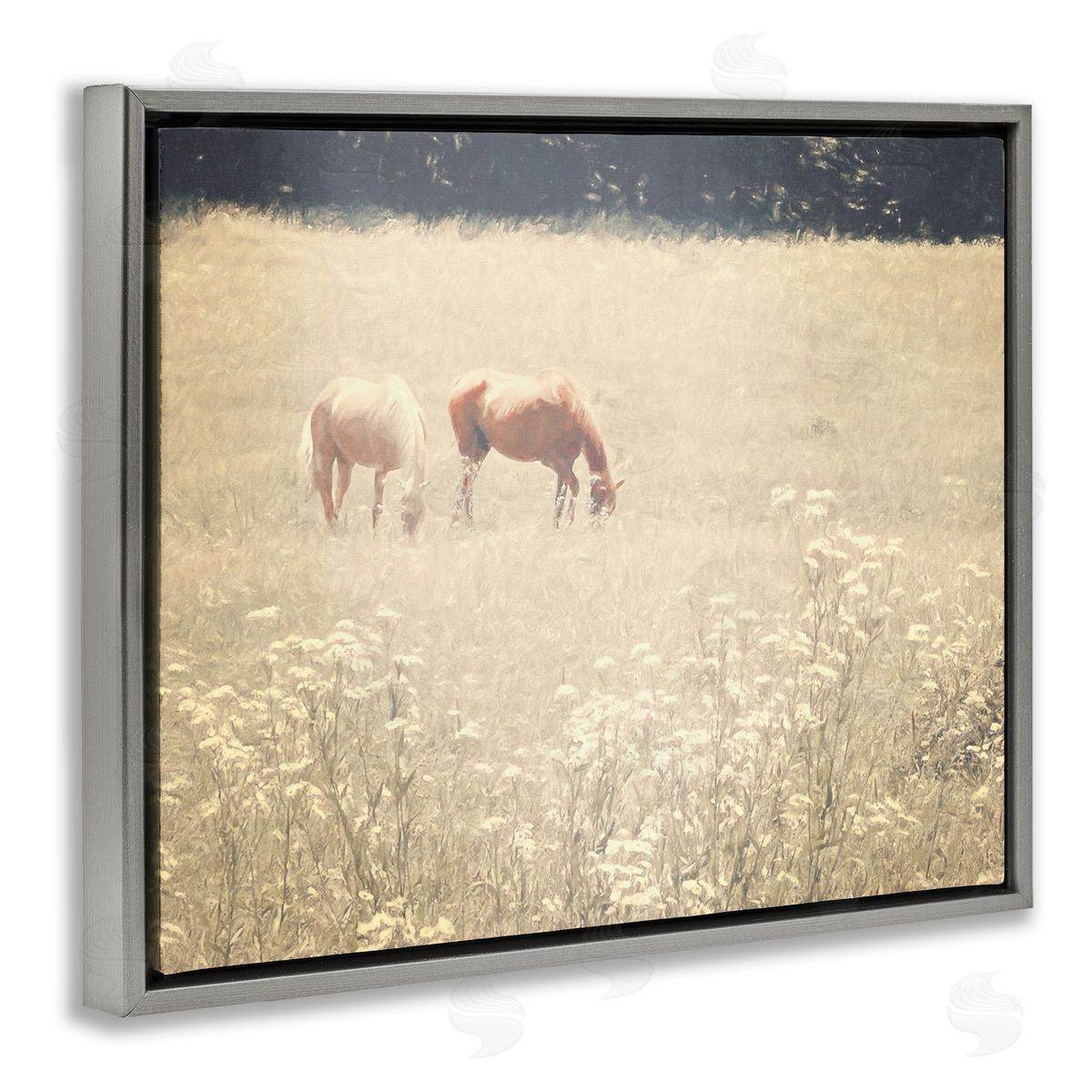 Graffitee Studios Pair of Horses Grazing Gray Floating Frame Canvas Wall Art Print