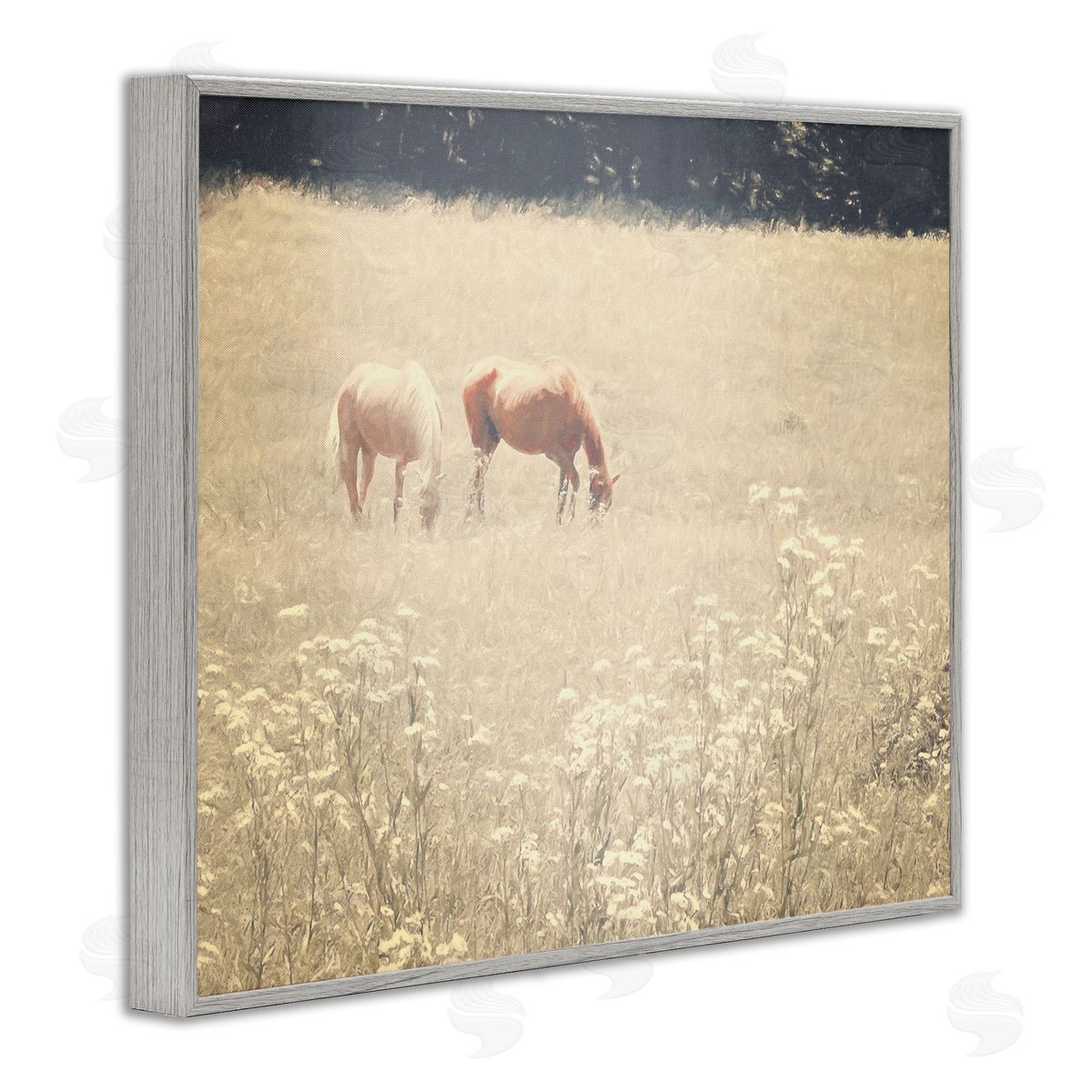 Graffitee Studios Pair of Horses Grazing Gray Framed Giclee Wall Art Print
