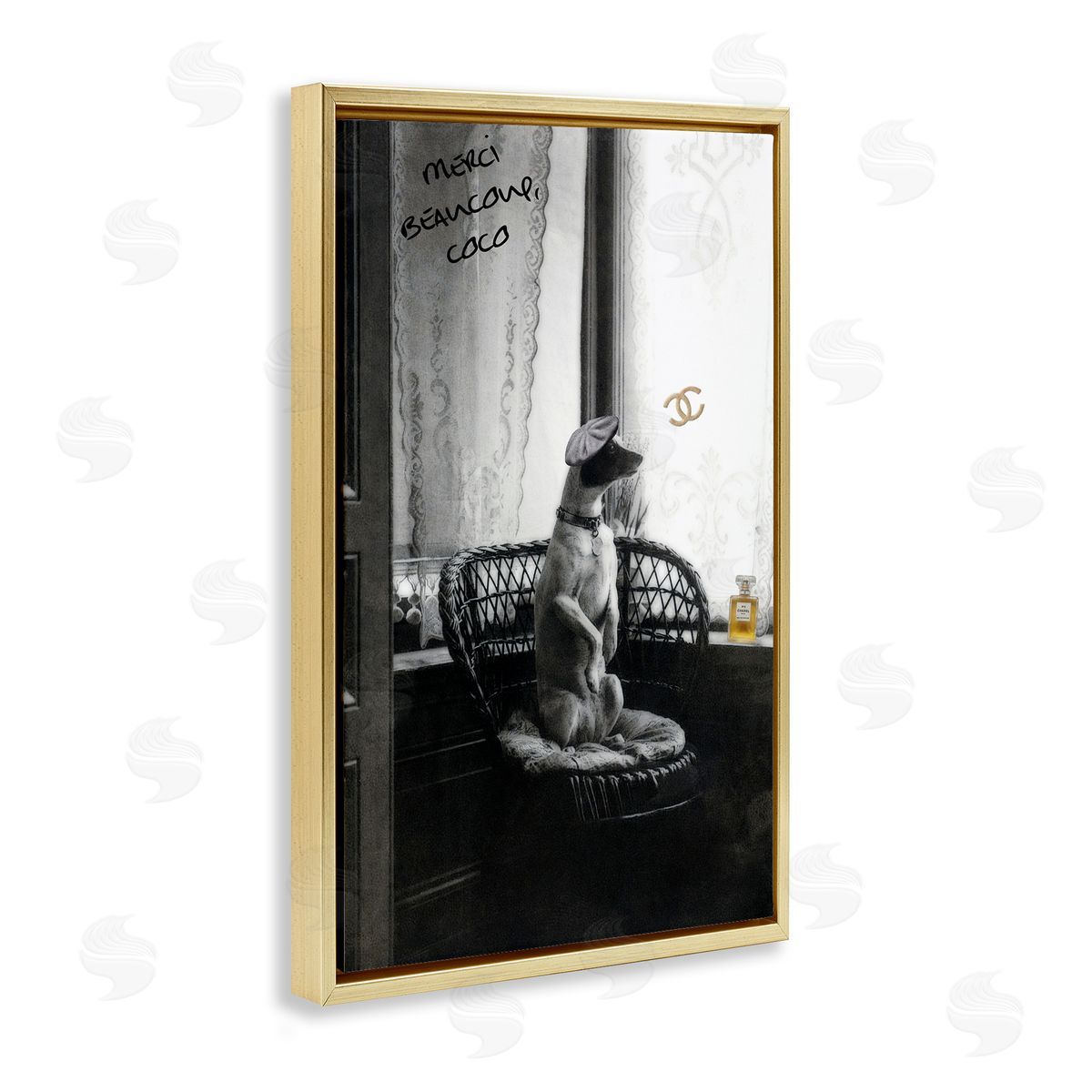 Chic Dog with French Words Gold Floating Frame Canvas Wall Art, Home Decor by Graffi*tee Studios